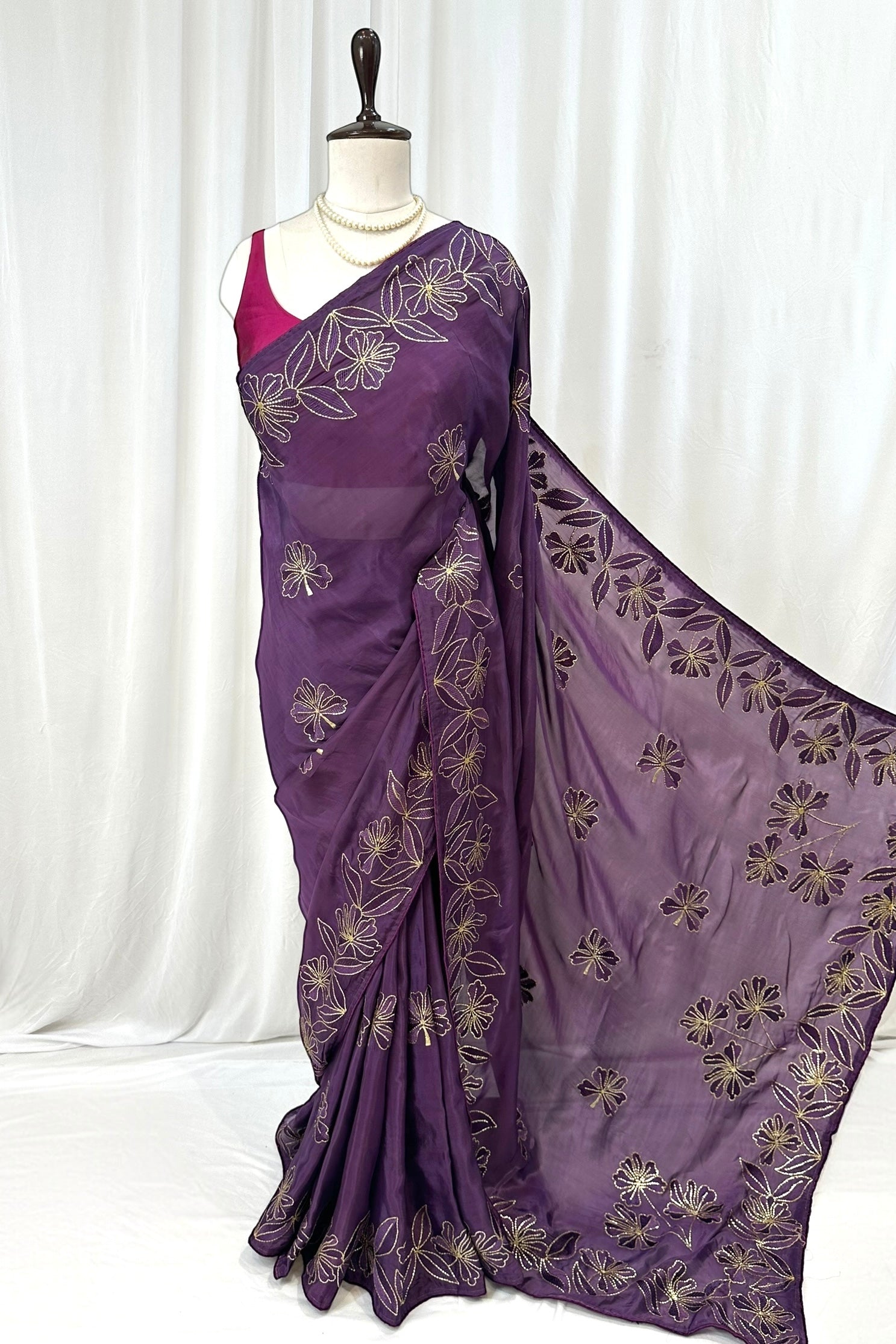 Pure organza embroidered saree - Violet