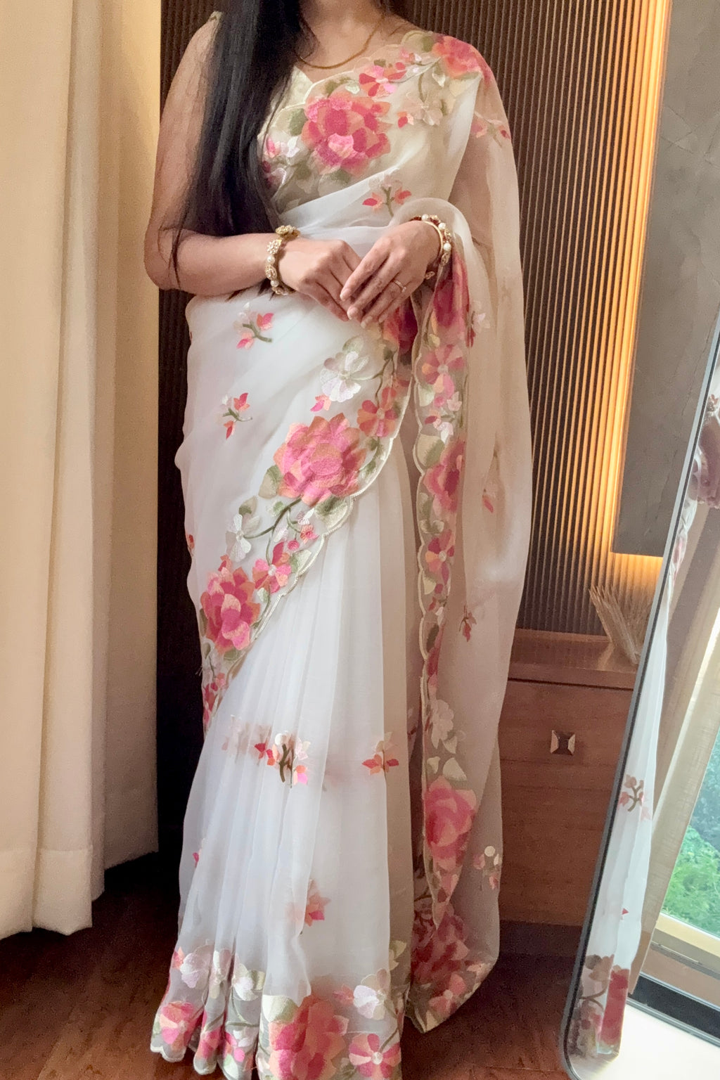 White floral resham threadwork saree
