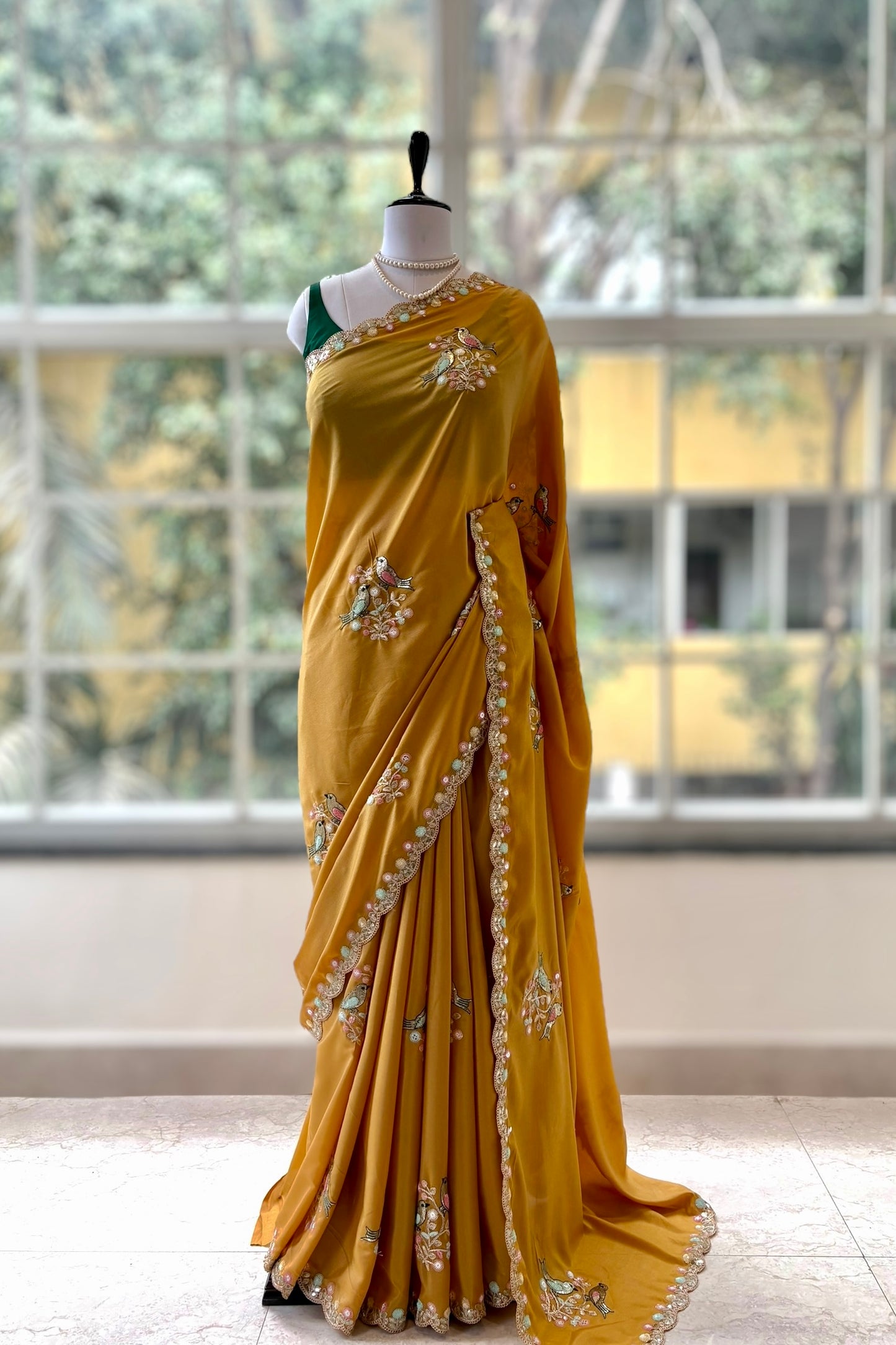 Yellow soft organza embellished saree