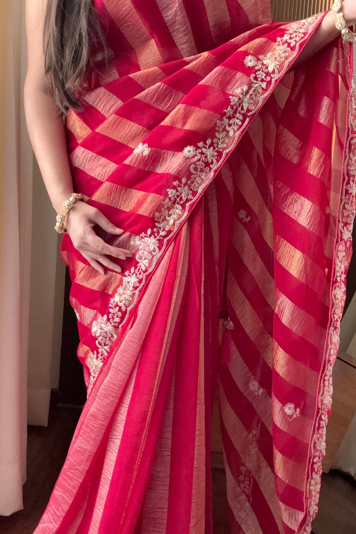 Red zari stipes aariwork saree