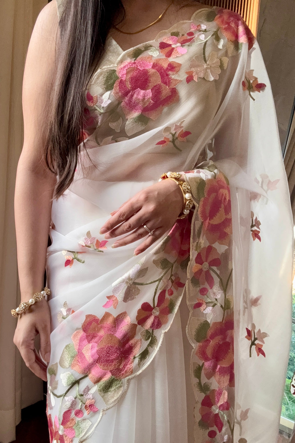 White floral resham threadwork saree