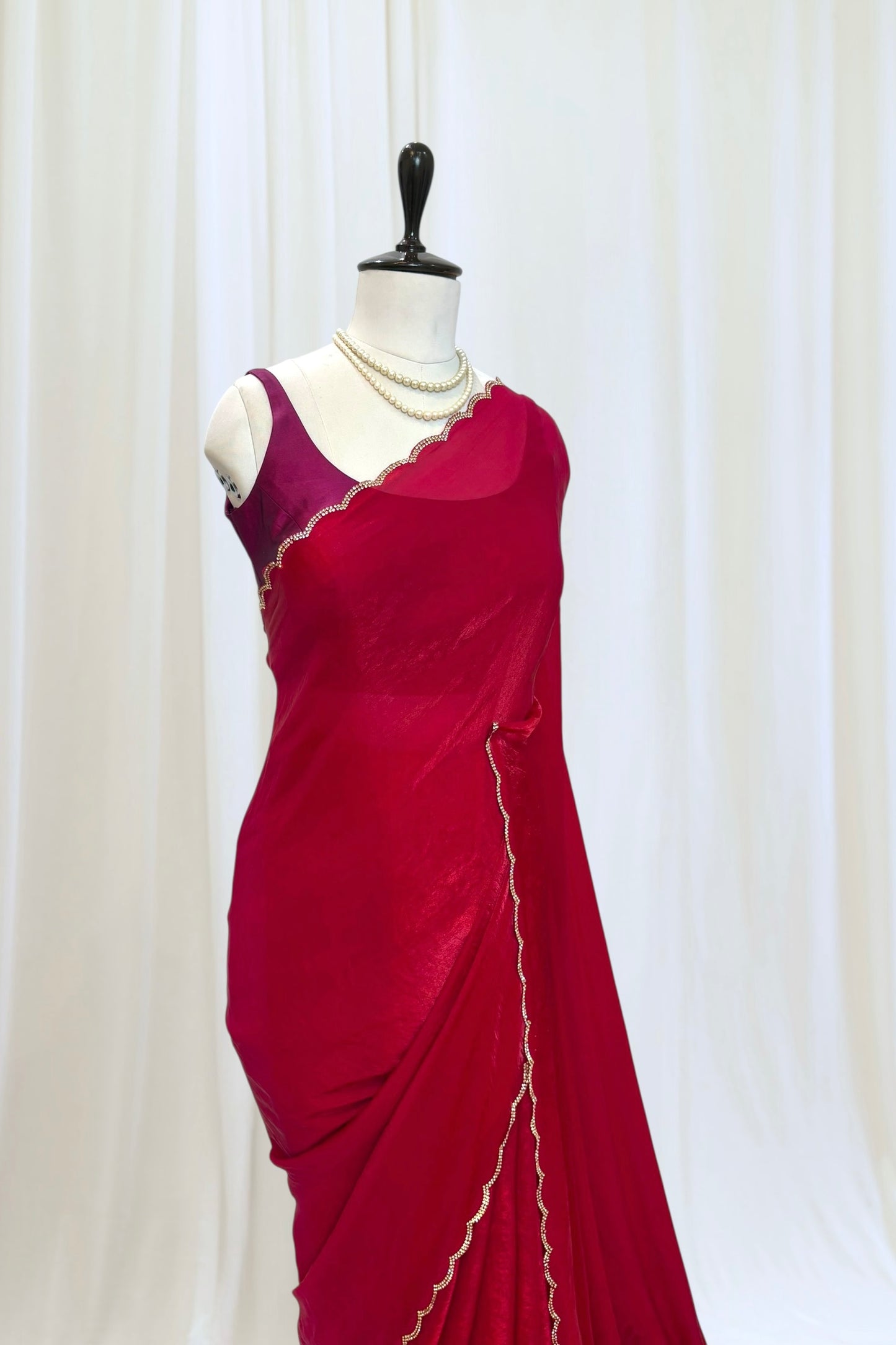 Crimson fendy satin embellished saree