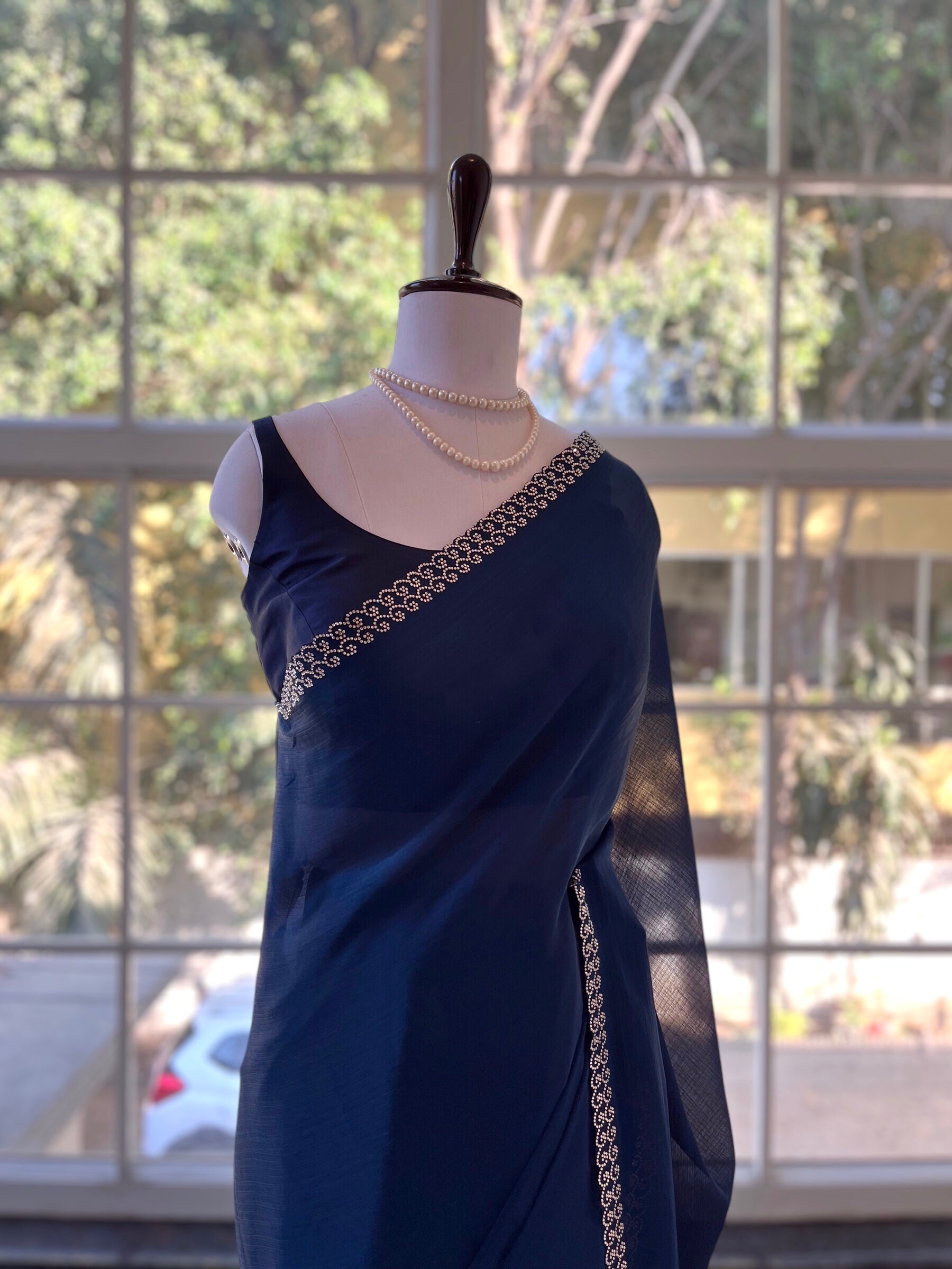 Swarovski embellished Marble Chiffon Saree - Navy Blue