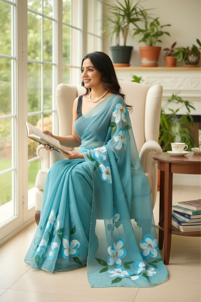 Hand-painted floral saree - Sky Blue