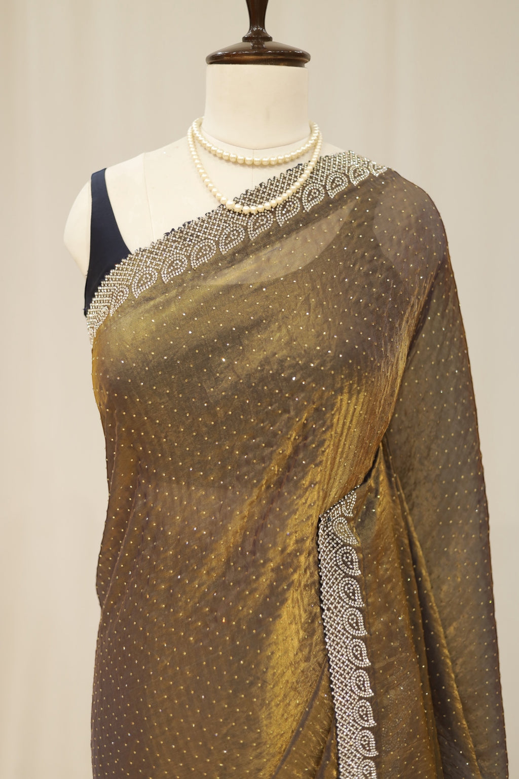Golden fendy satin shimmer saree
