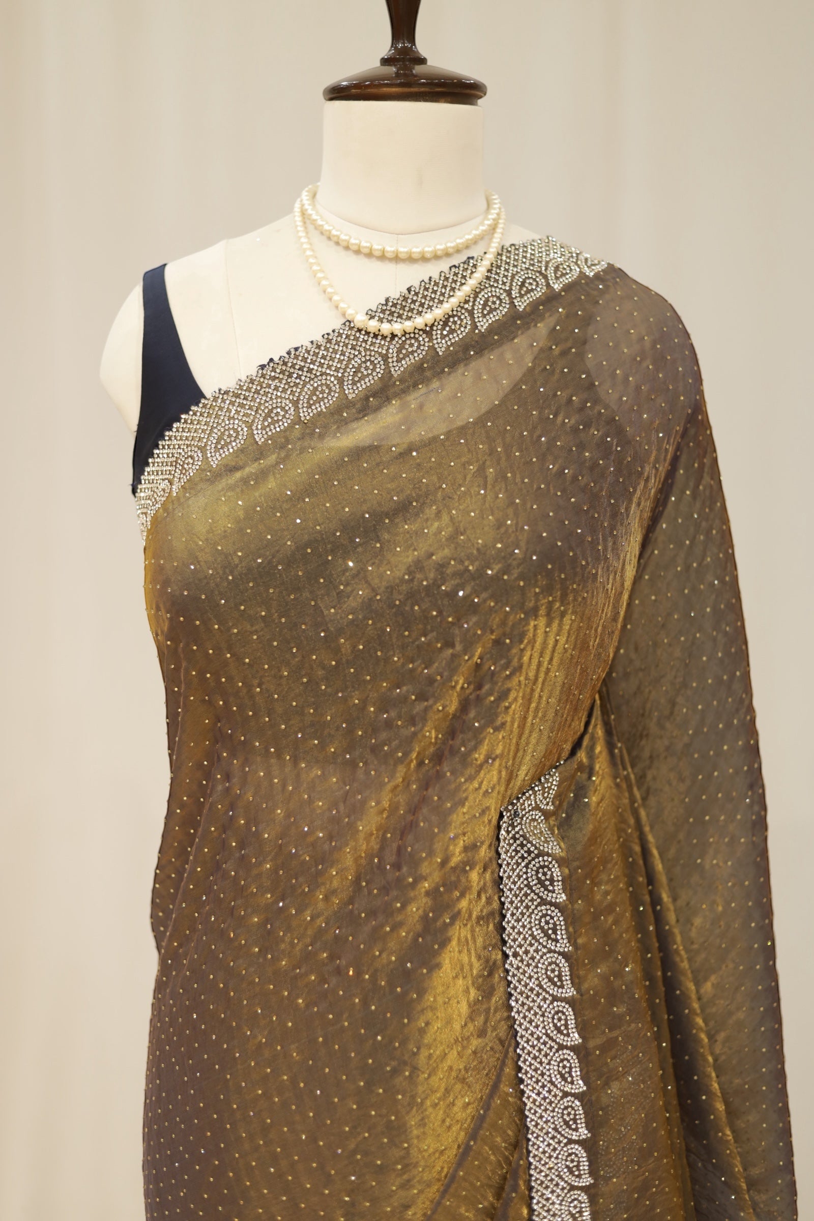Golden fendy satin shimmer saree