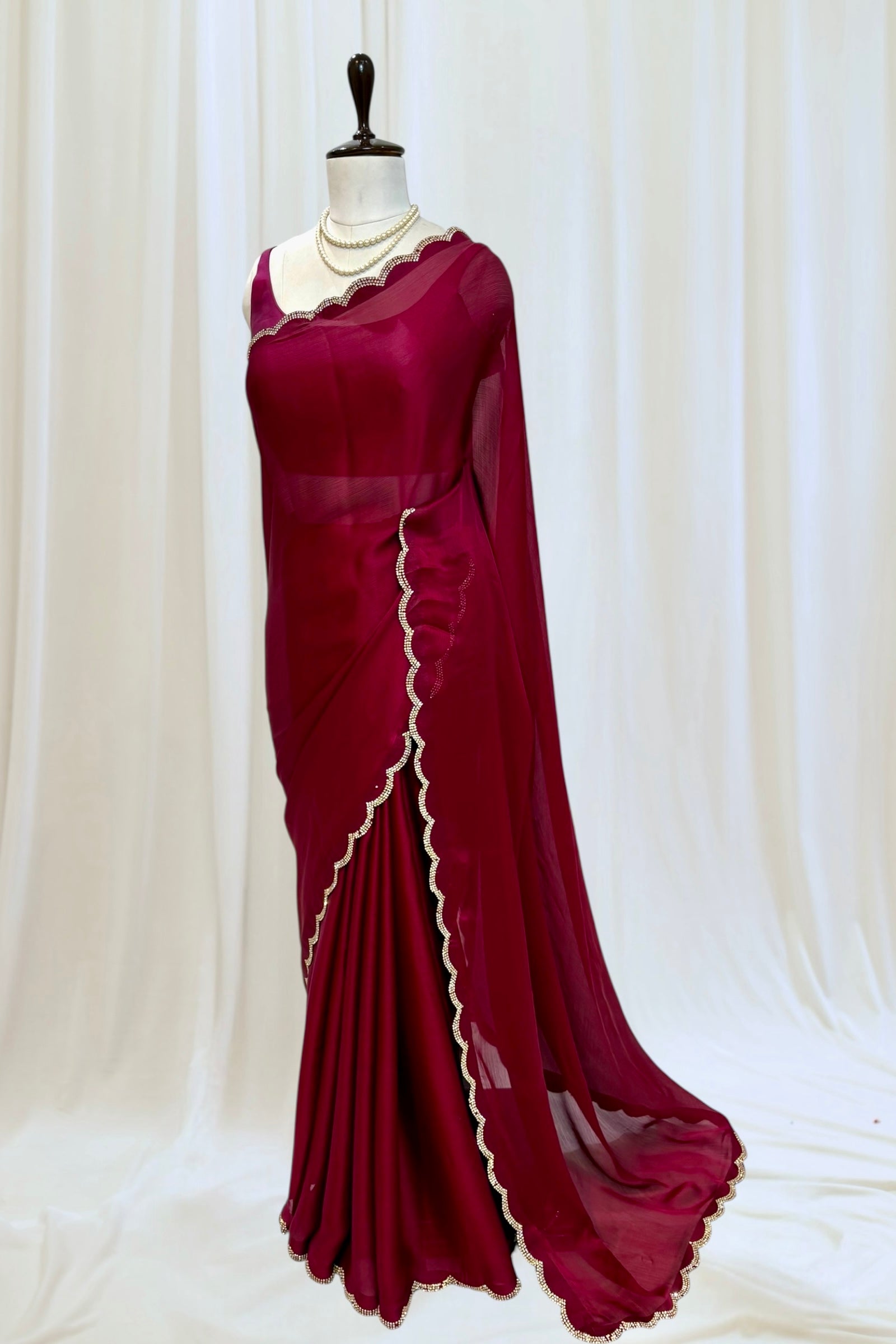 Satin chiffon scallop saree - Wine