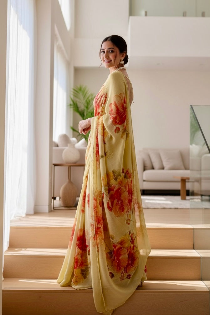Floral chiffon embellished saree - Golden