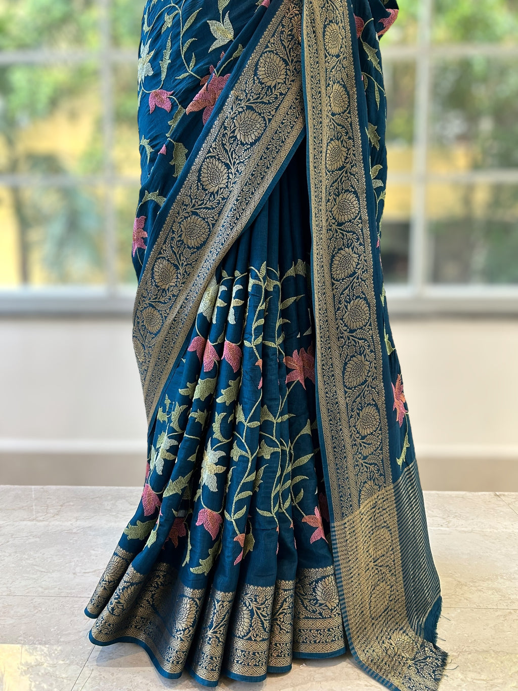 Resham embroidered saree - Teal blue