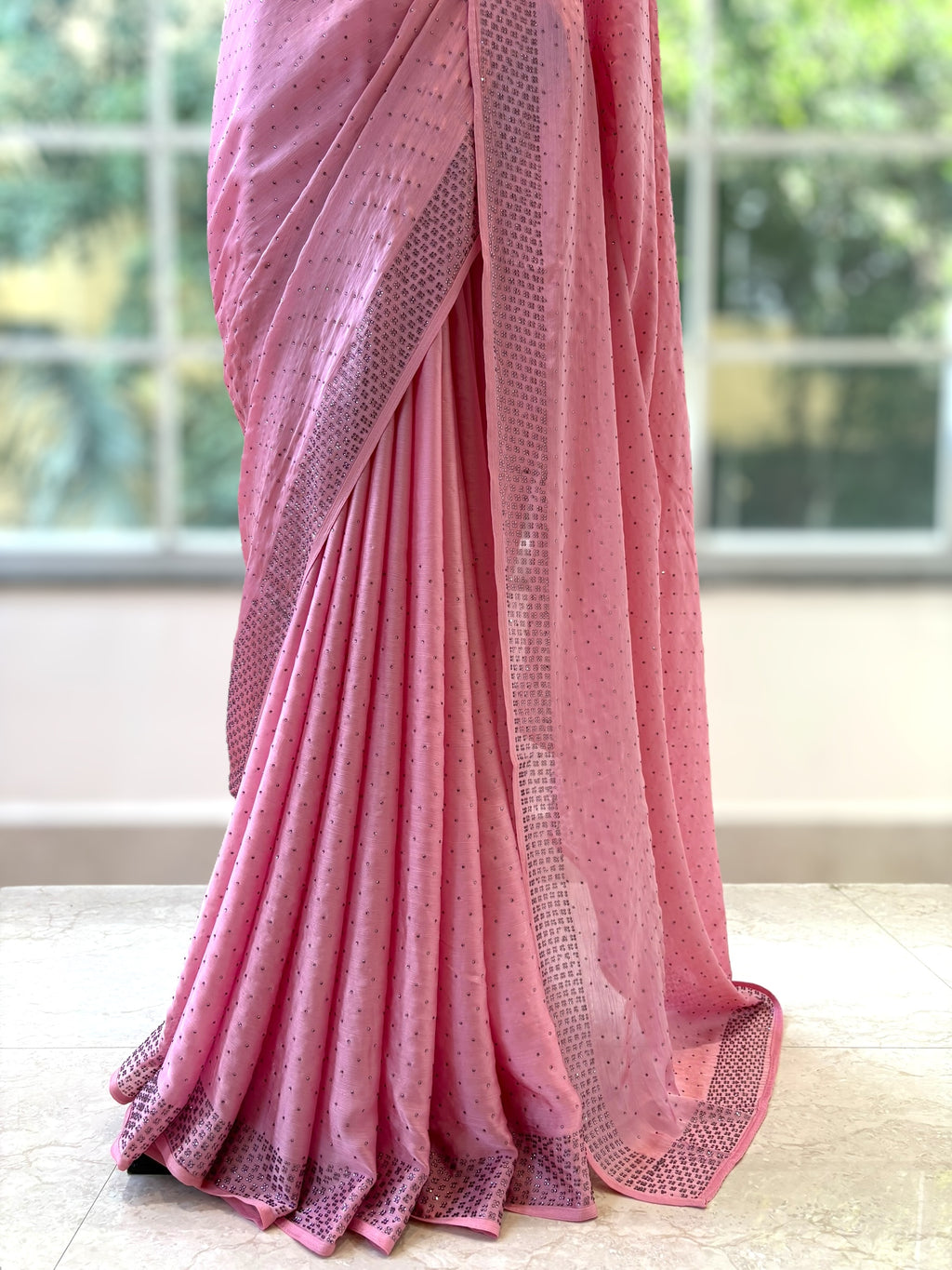 Pink swarovski satin saree