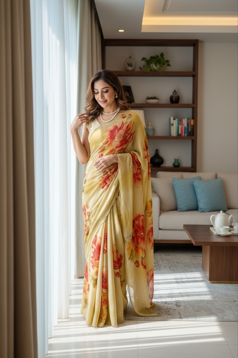 Floral chiffon embellished saree - Golden