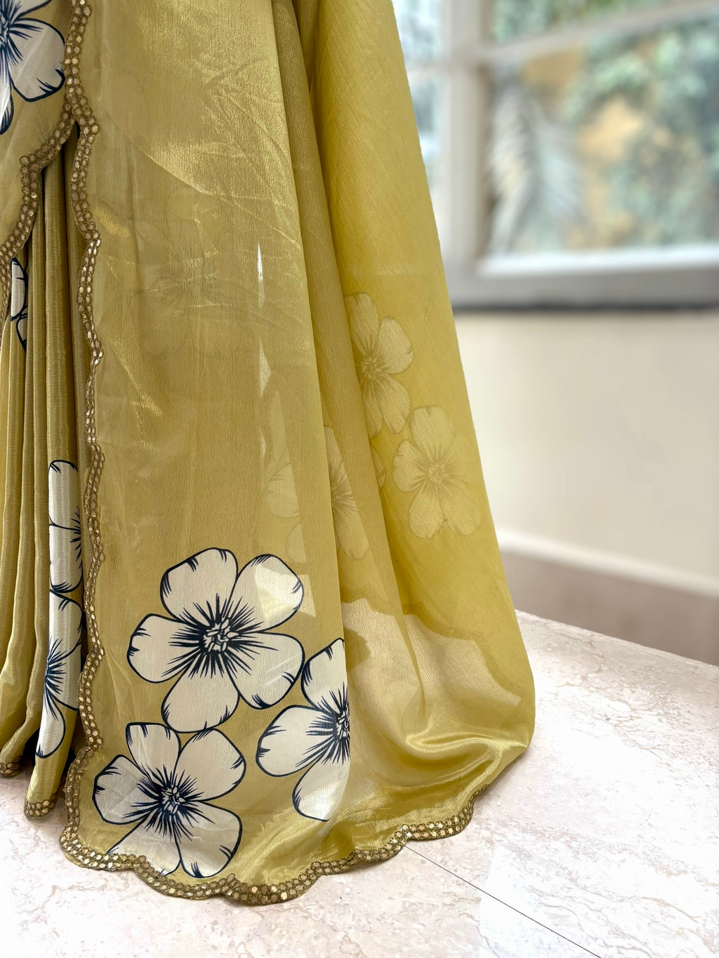 Floral print scallop saree - Lime yellow