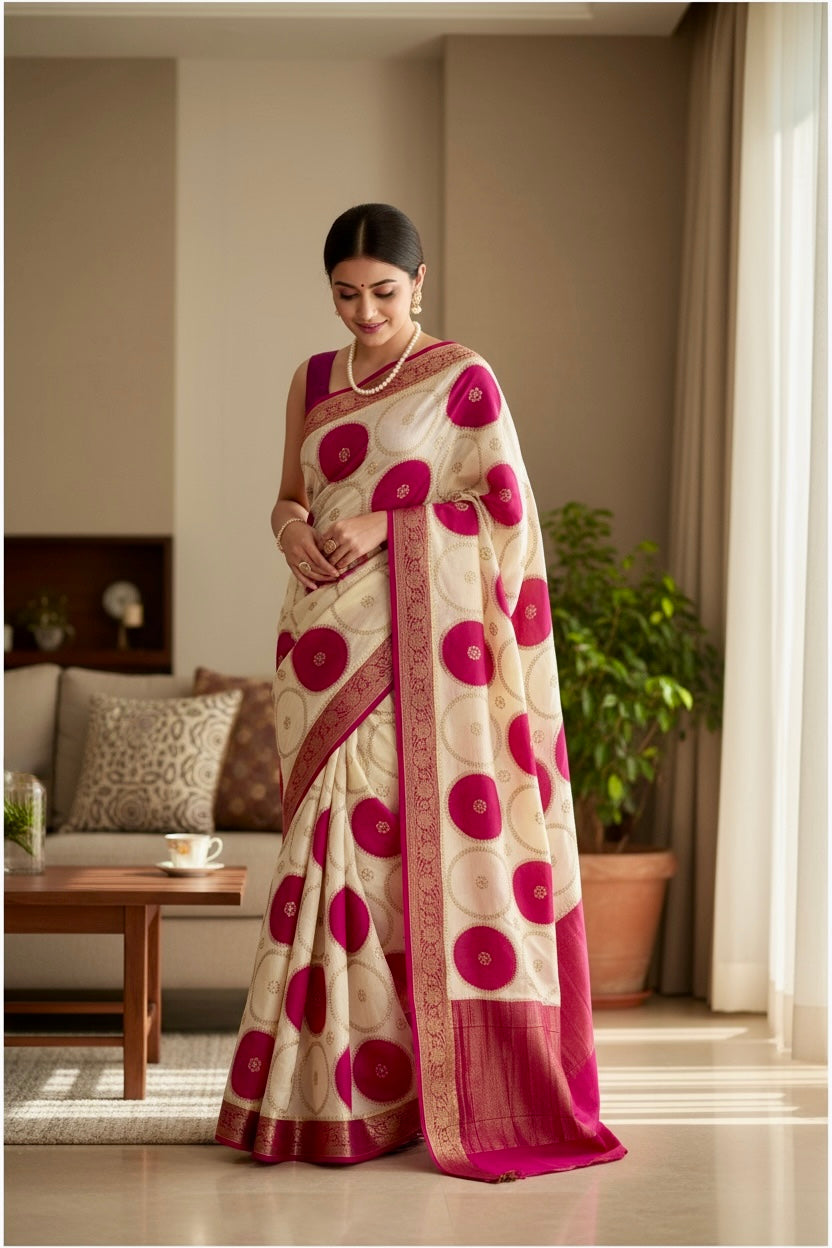 Off White Pure Dola Silk Saree