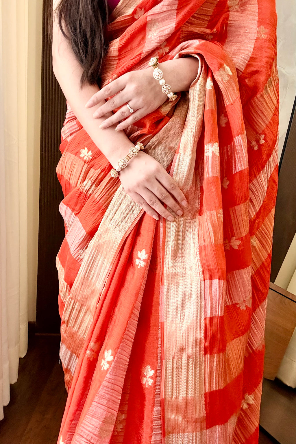 Chiffon zari stripes embroidered saree - Orange