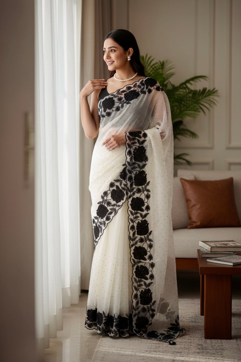 White organza floral saree