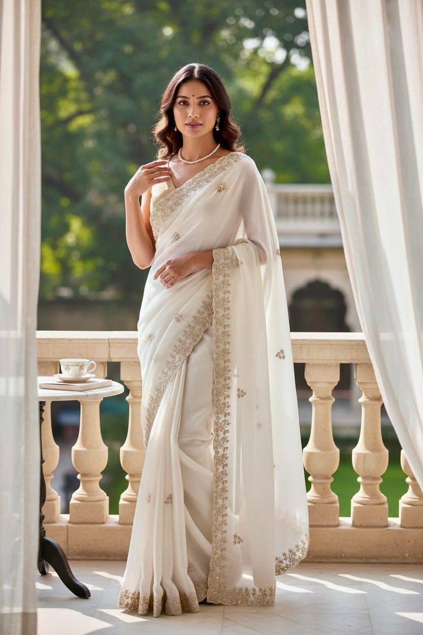 Satin chiffon aari work saree - White
