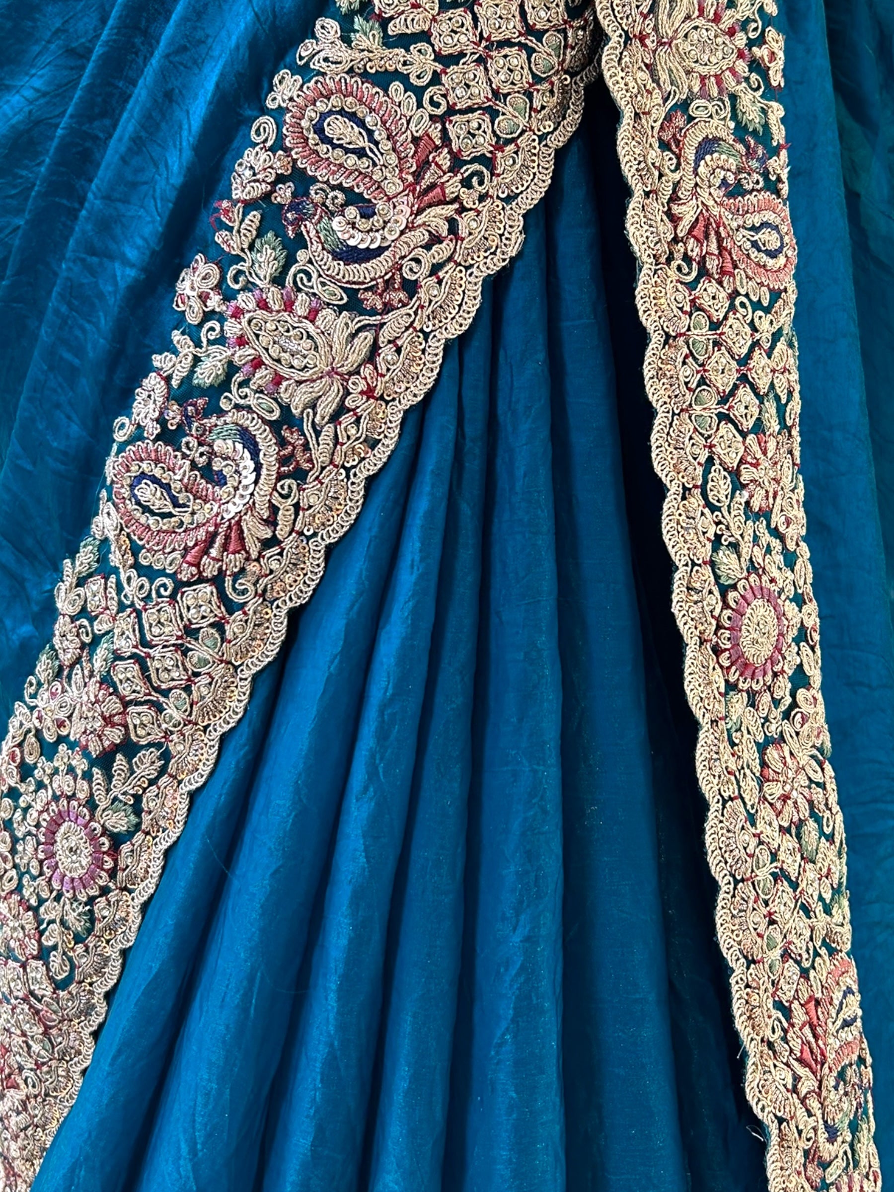 Crushed organza work saree