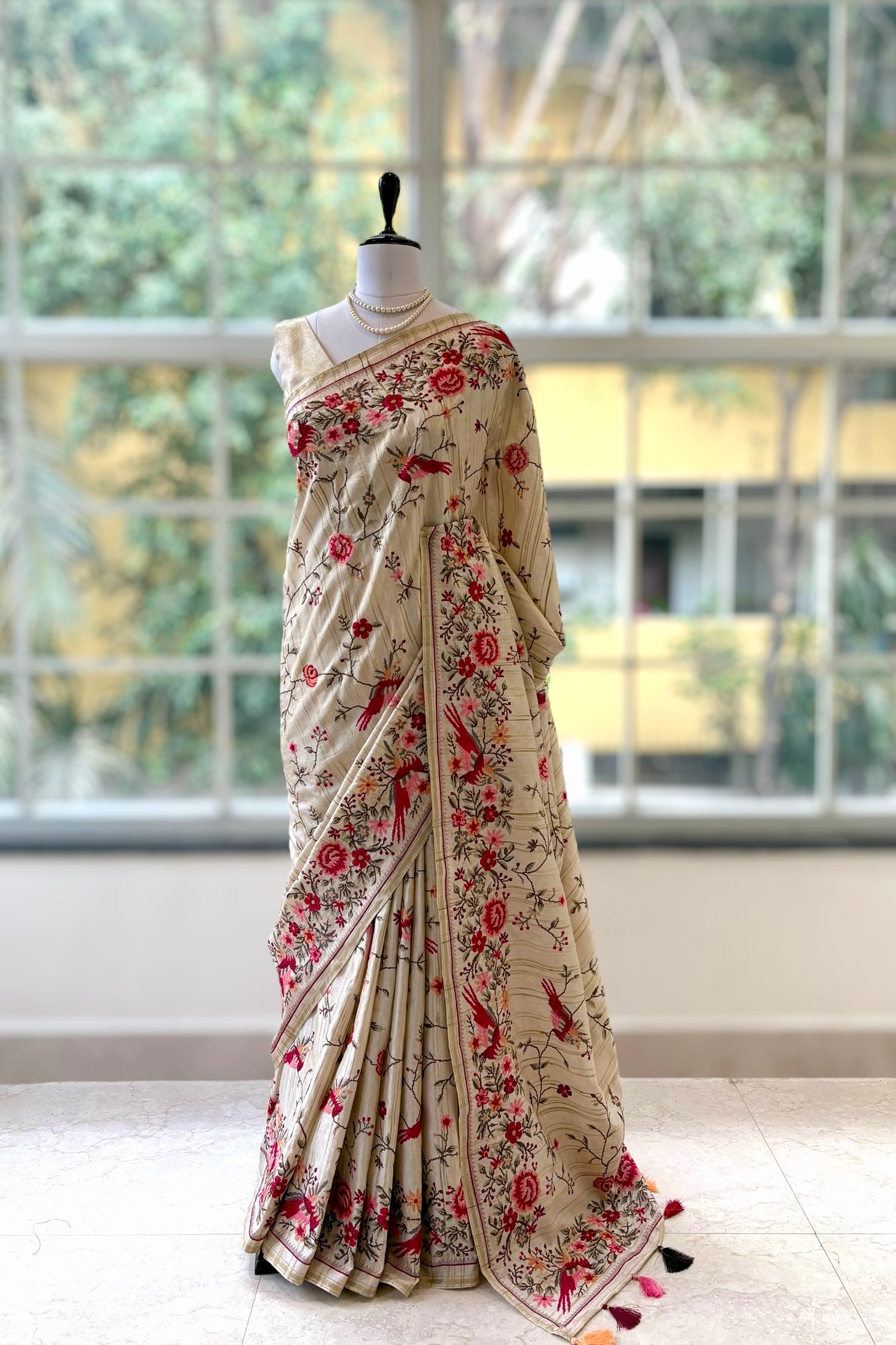 Beige resham threadwork saree