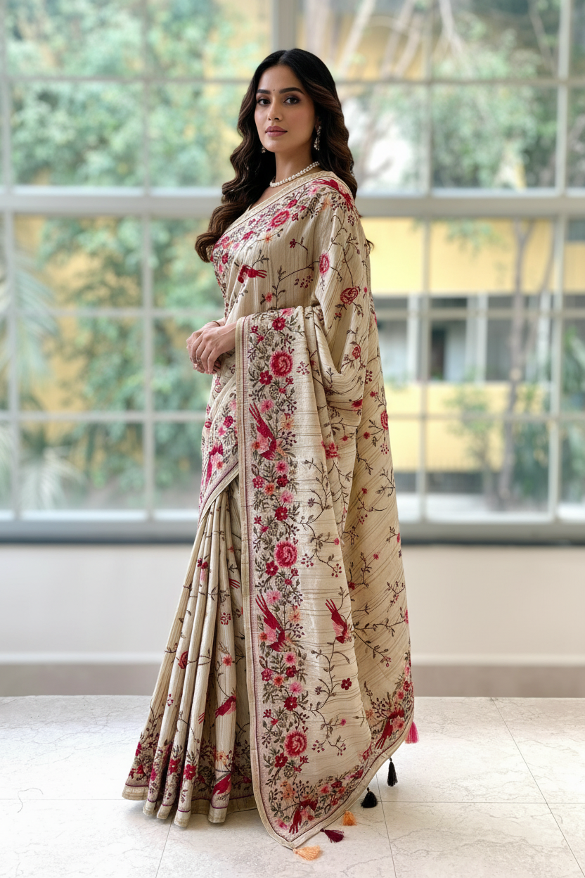 Beige resham threadwork saree