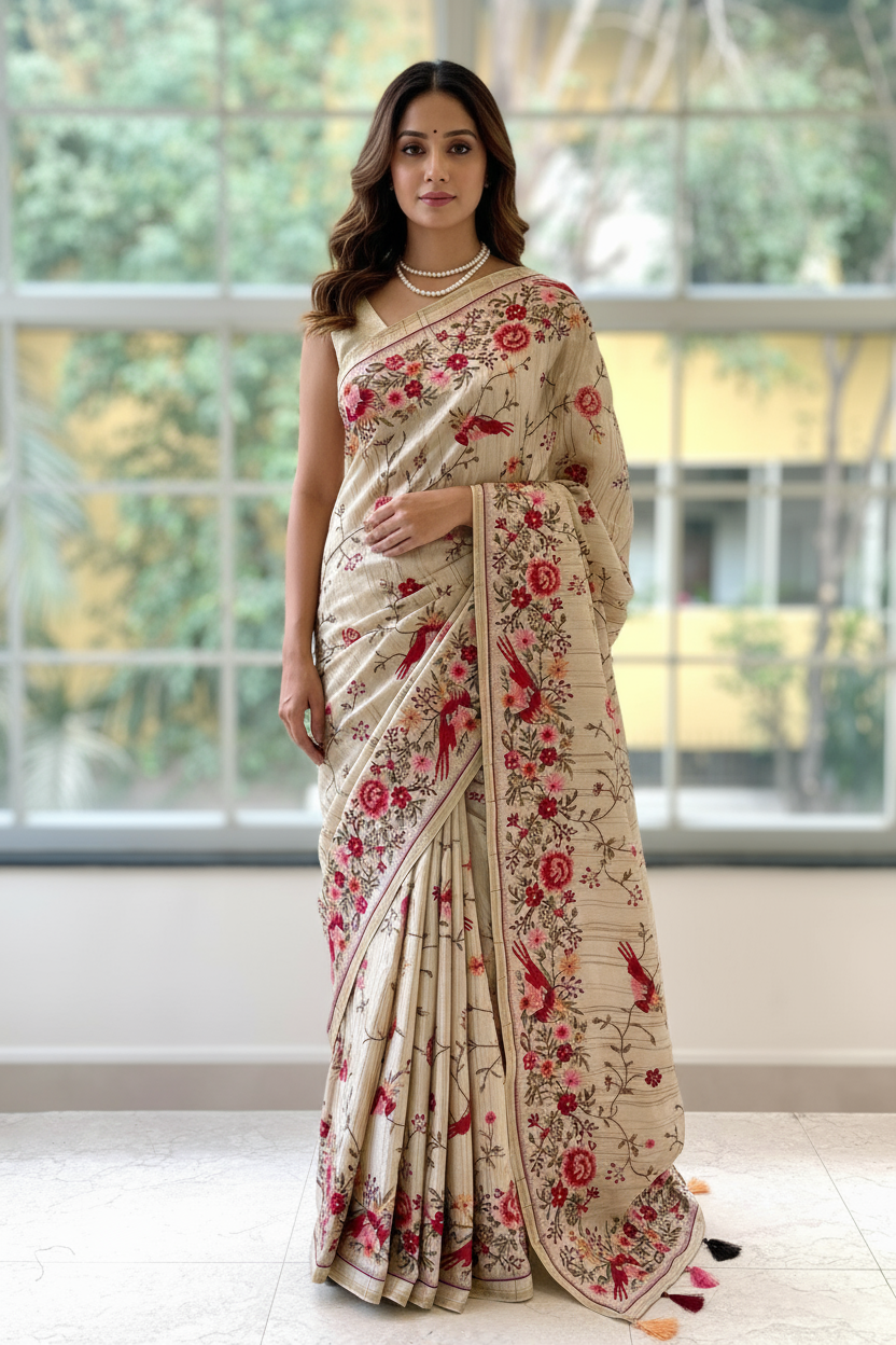 Beige resham threadwork saree