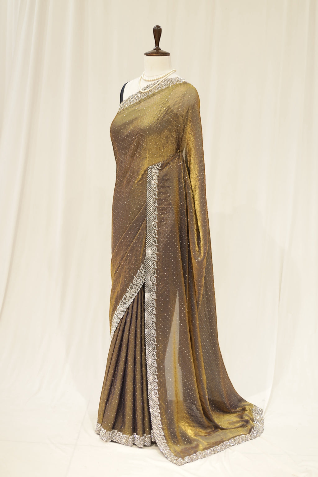 Golden fendy satin shimmer saree