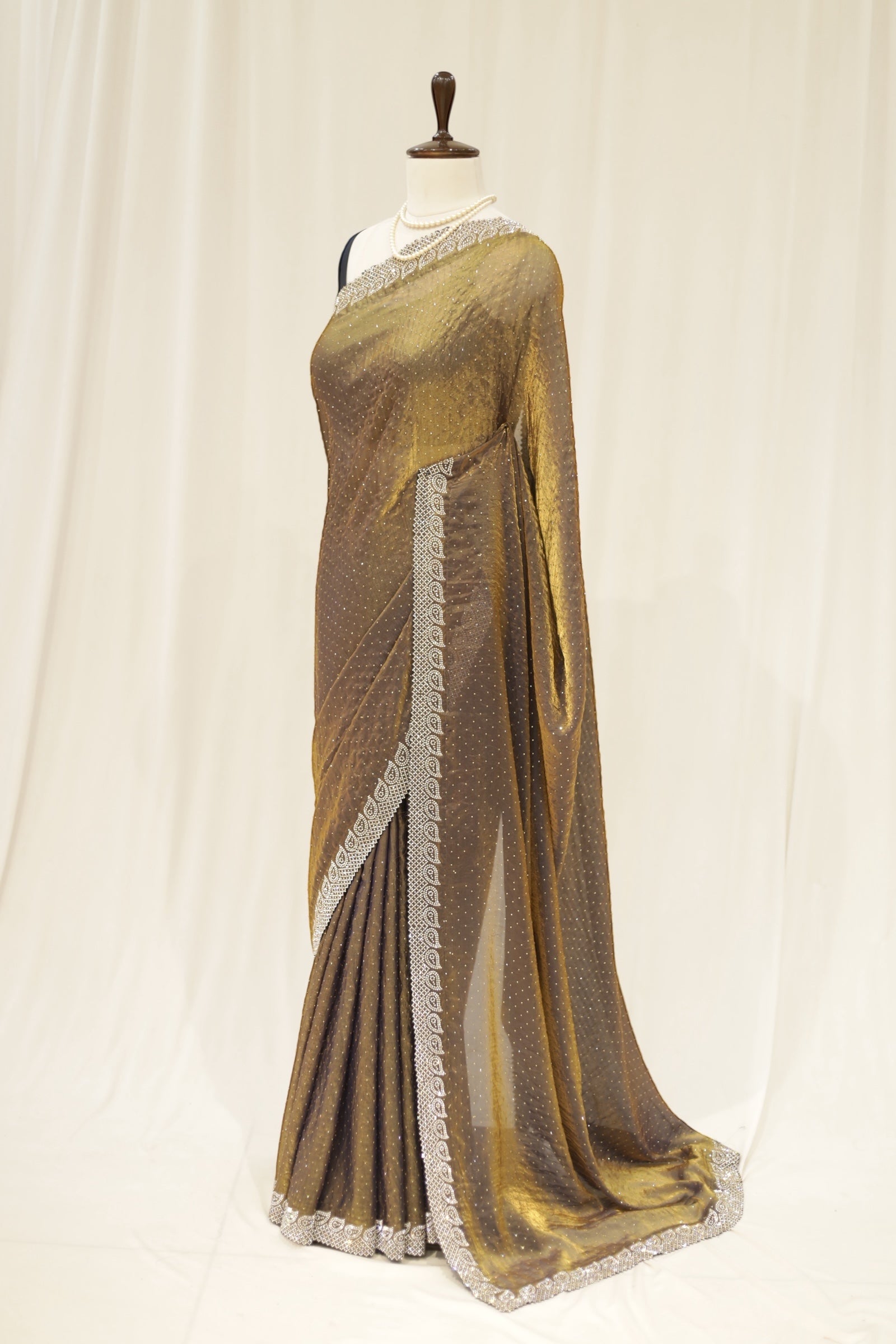 Golden fendy satin shimmer saree