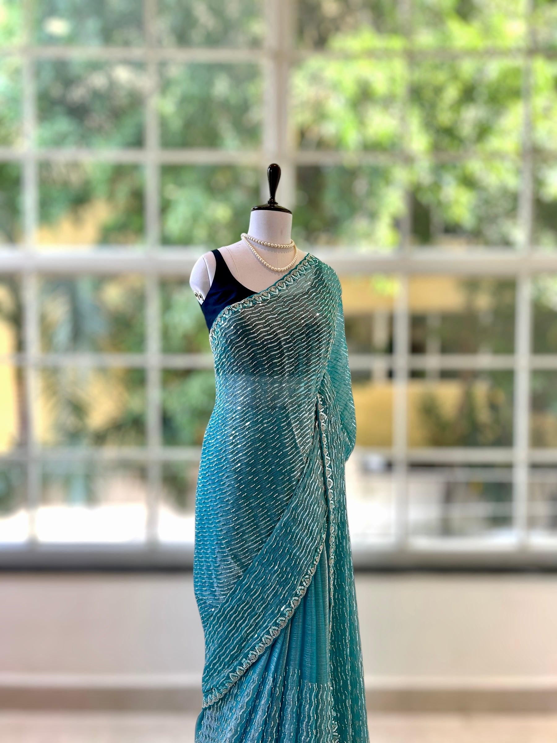 Shimmer Chiffon Embellished Saree - Blue