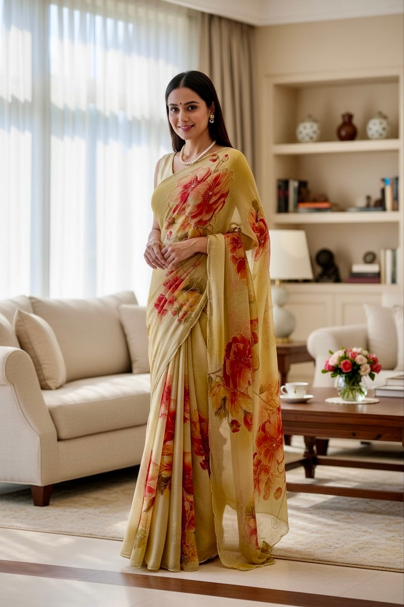 Floral chiffon embellished saree - Golden