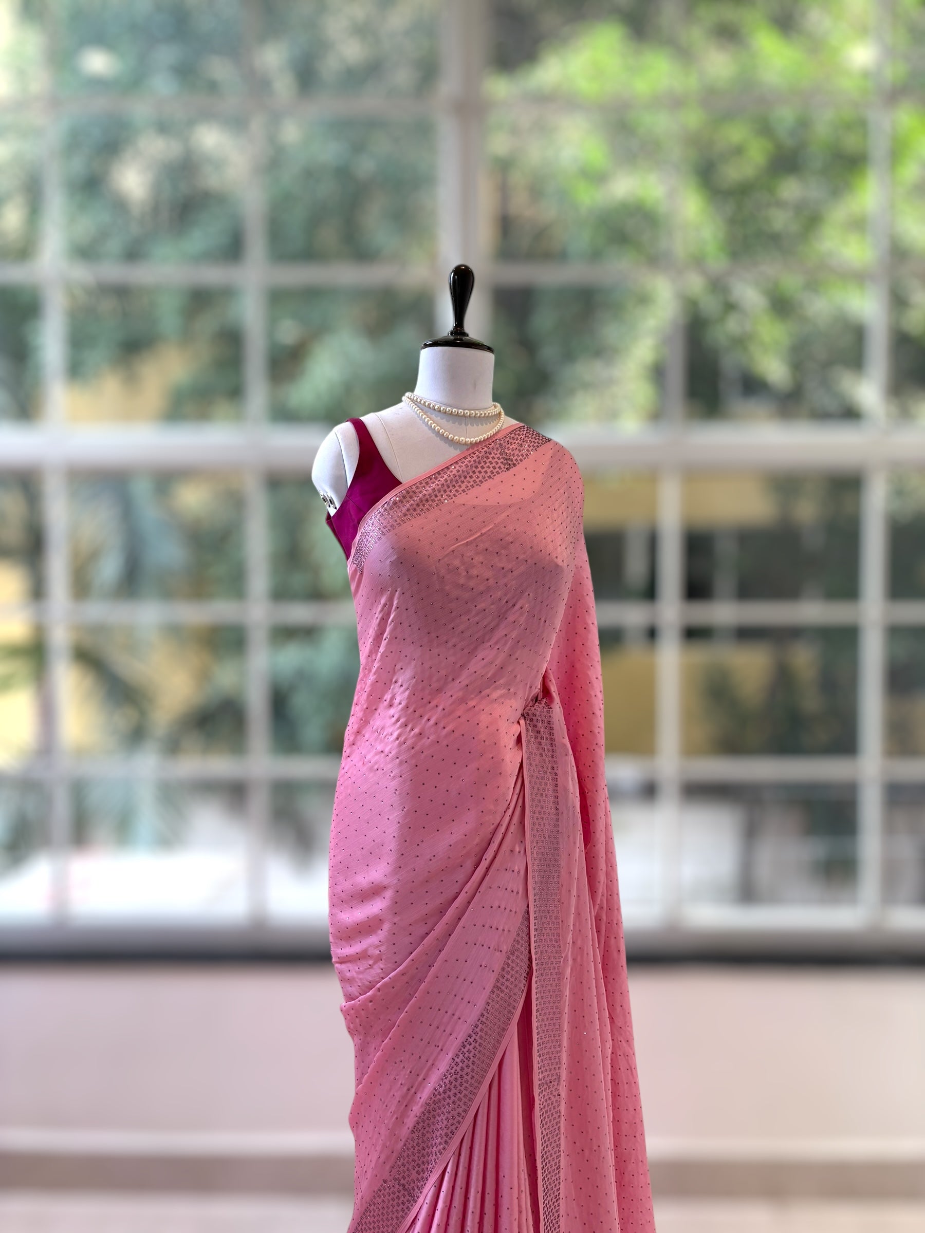 Pink swarovski satin saree