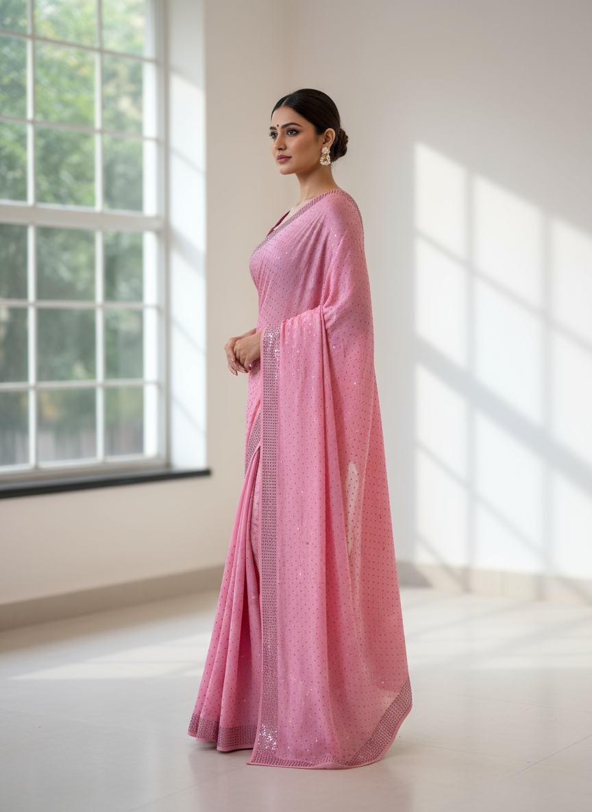 Pink swarovski satin saree
