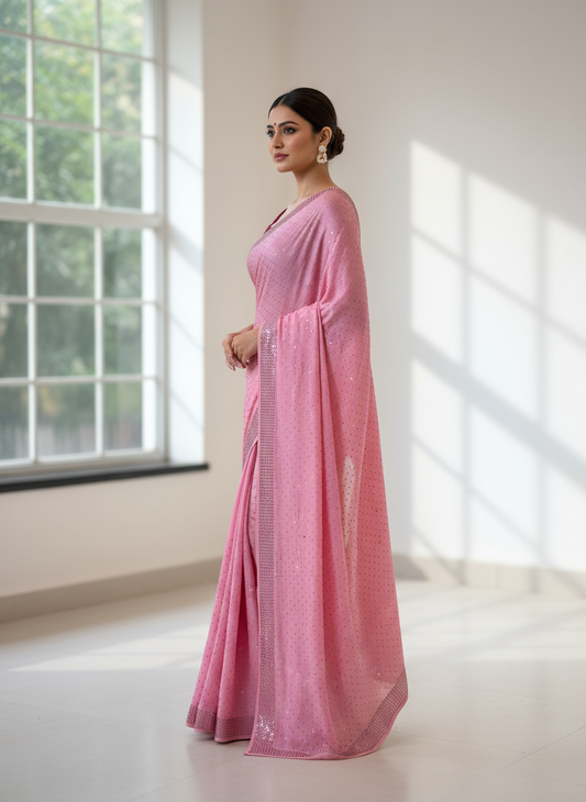 Pink swarovski satin saree