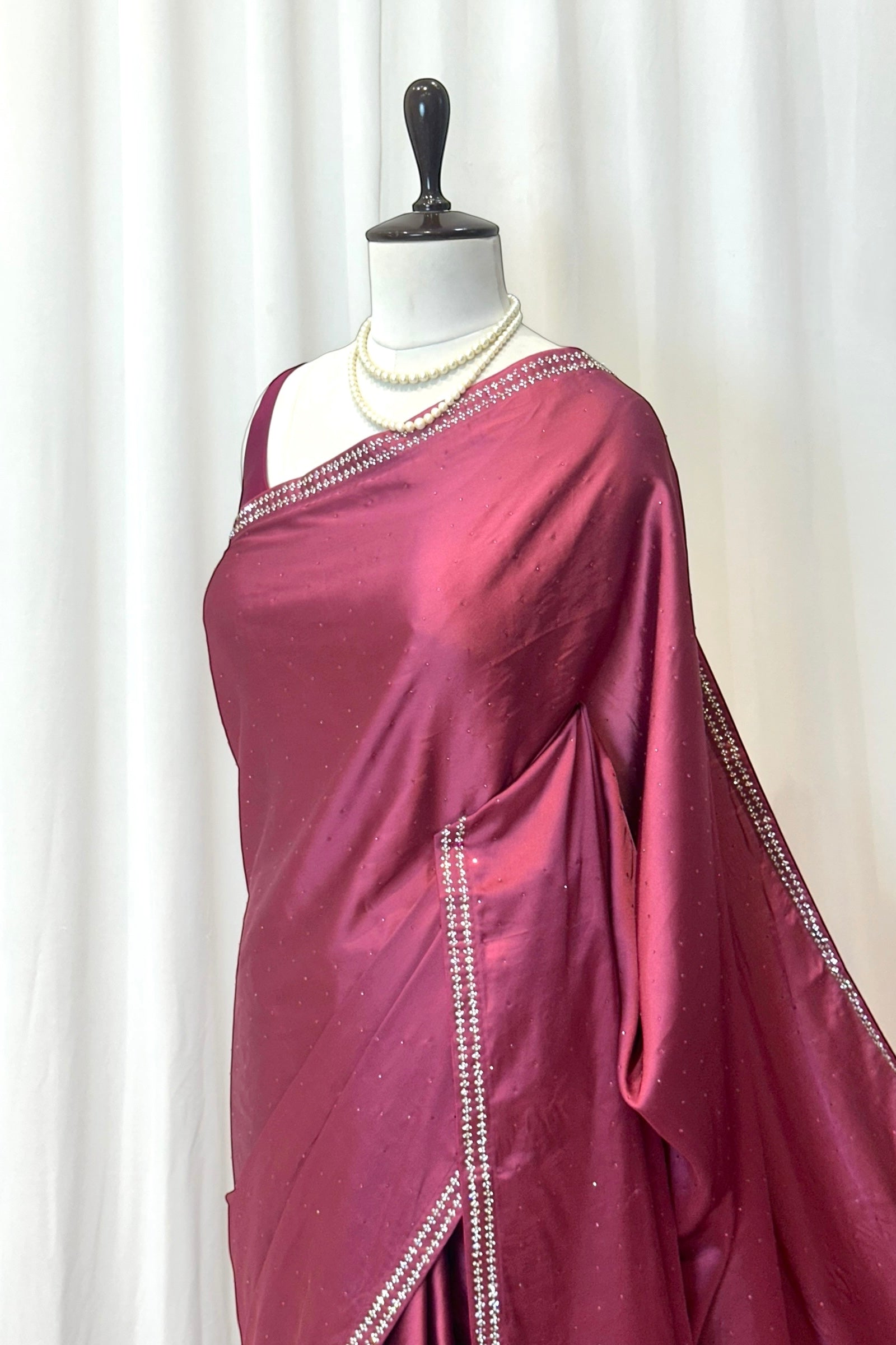 Satin swarovski embellished saree - Wine