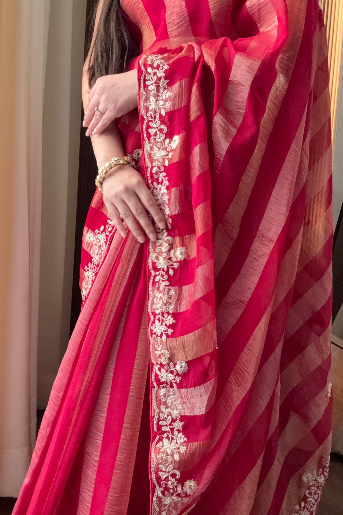 Red zari stipes aariwork saree