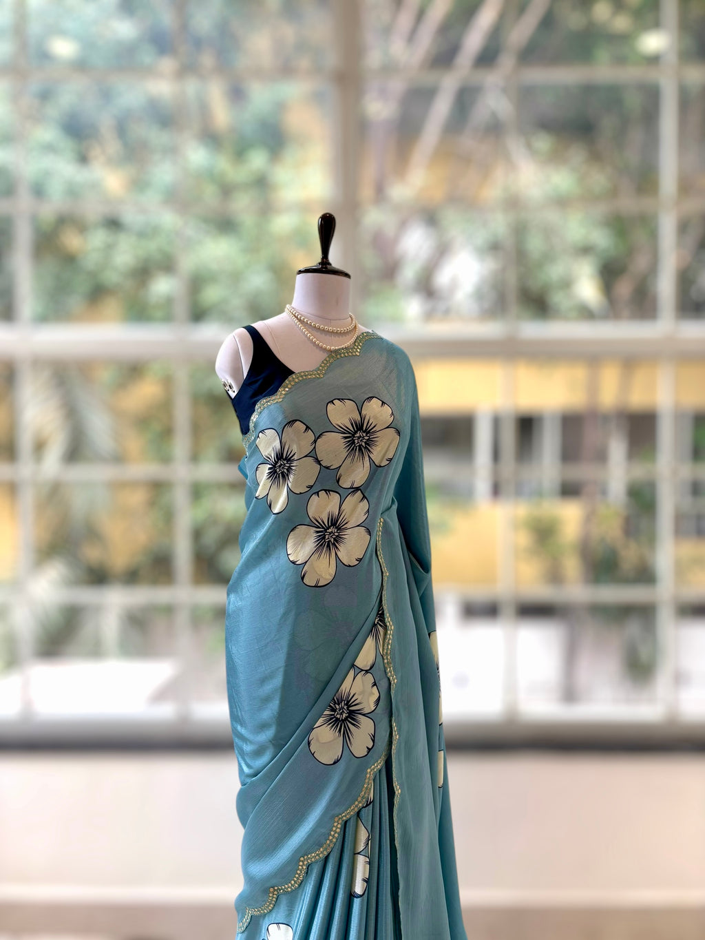 Floral print scallop saree - Aqua Blue