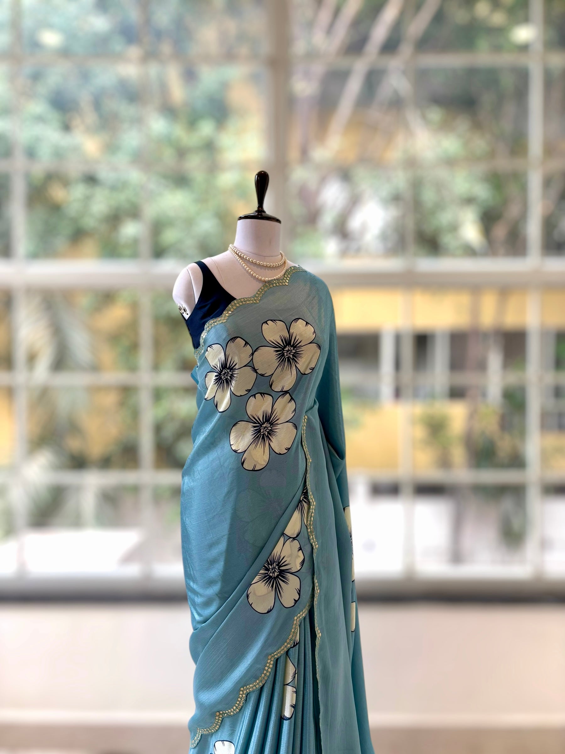 Floral print scallop saree - Aqua Blue