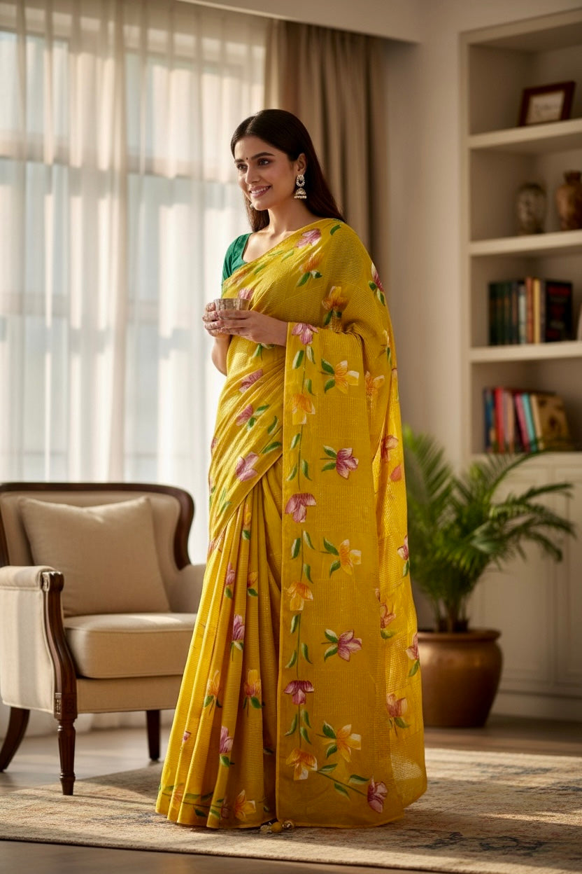 Floral sequins organza saree - Musturd