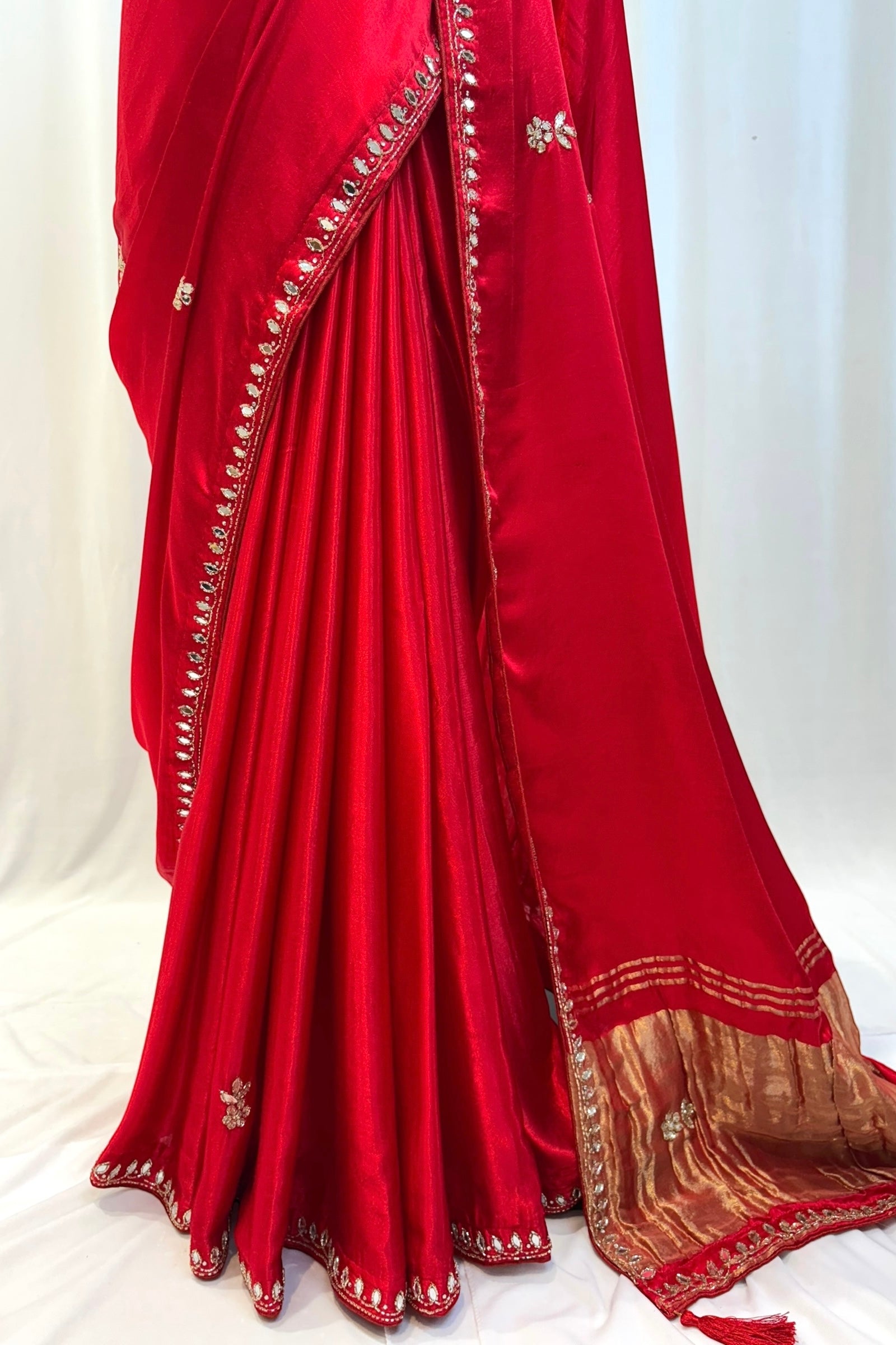 Modal satin mirror work saree - Red