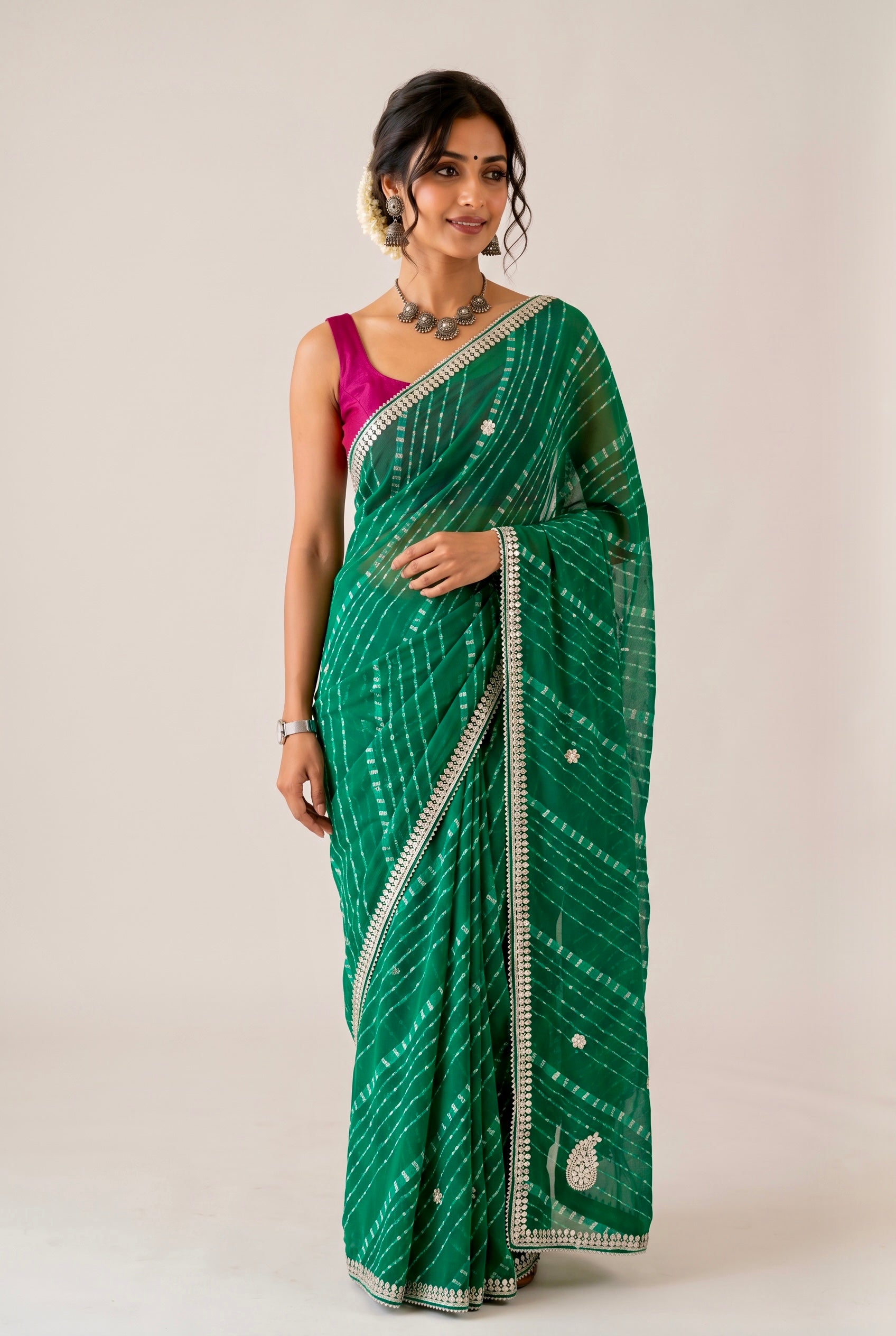 Georgette bandhani print gotta work saree - Bottle Green