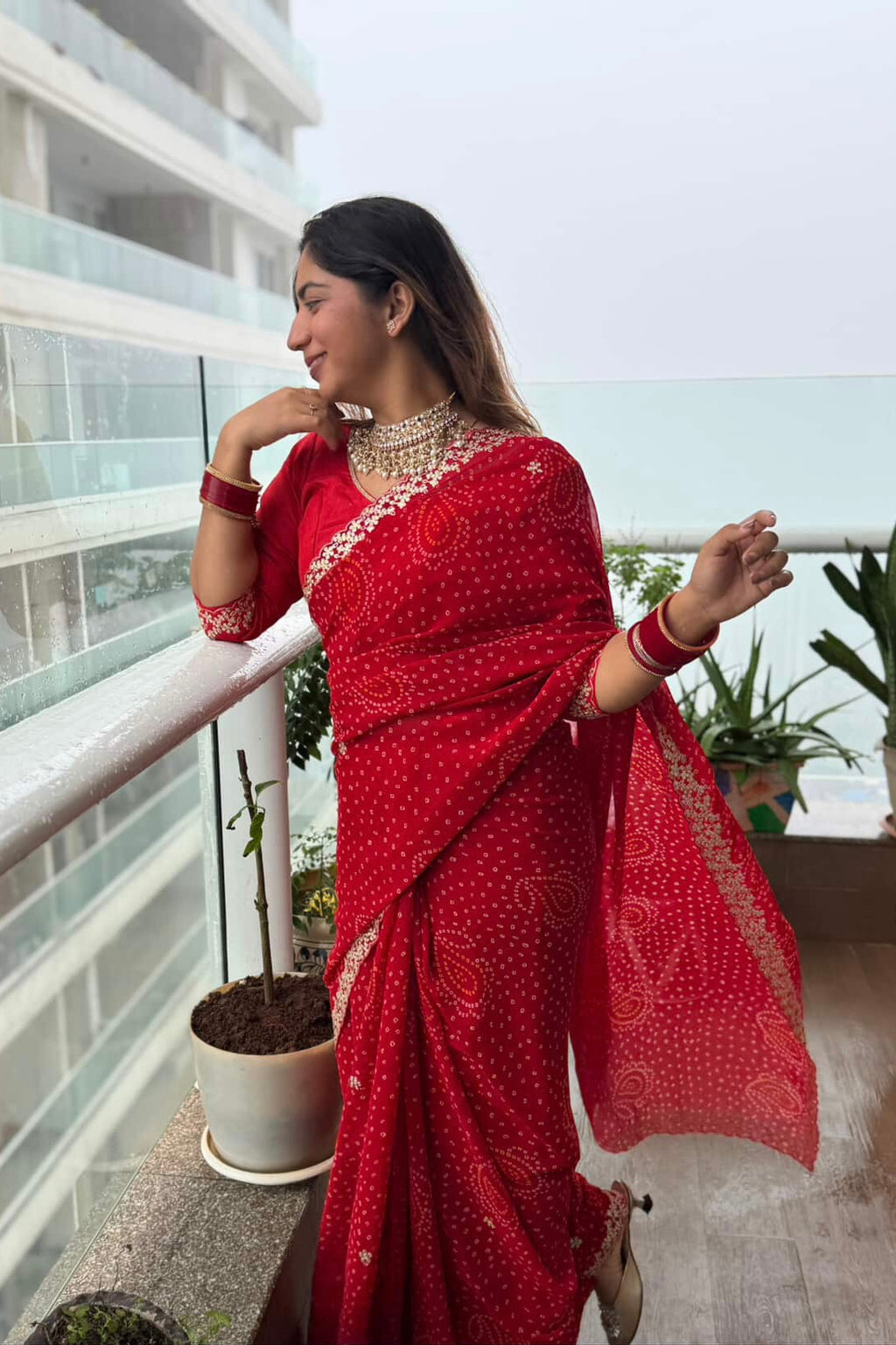 Georgette bandhani saree - Red