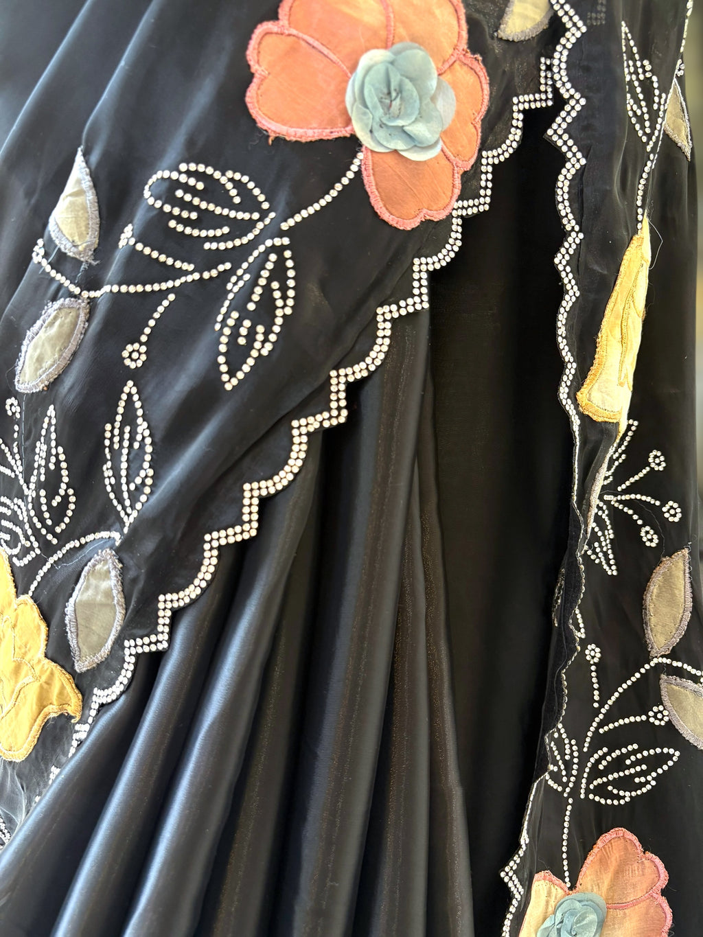 Fendy satin floral stone work saree - Black