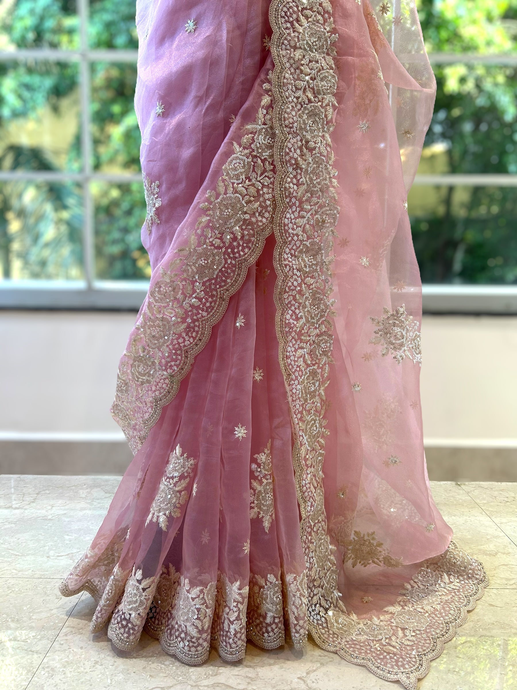 Baby pink pearls organza saree