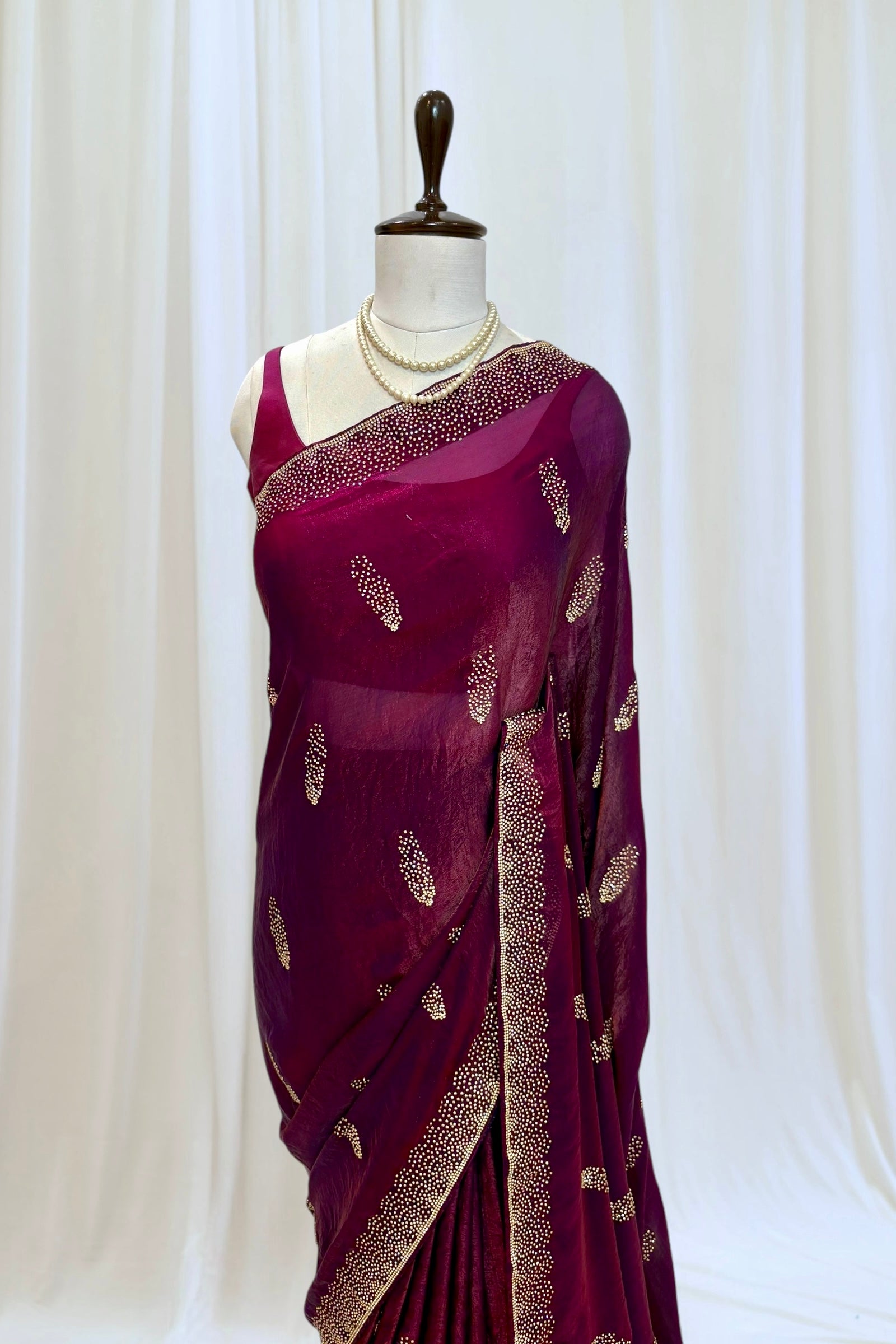 Wine swarovski fendy satin saree