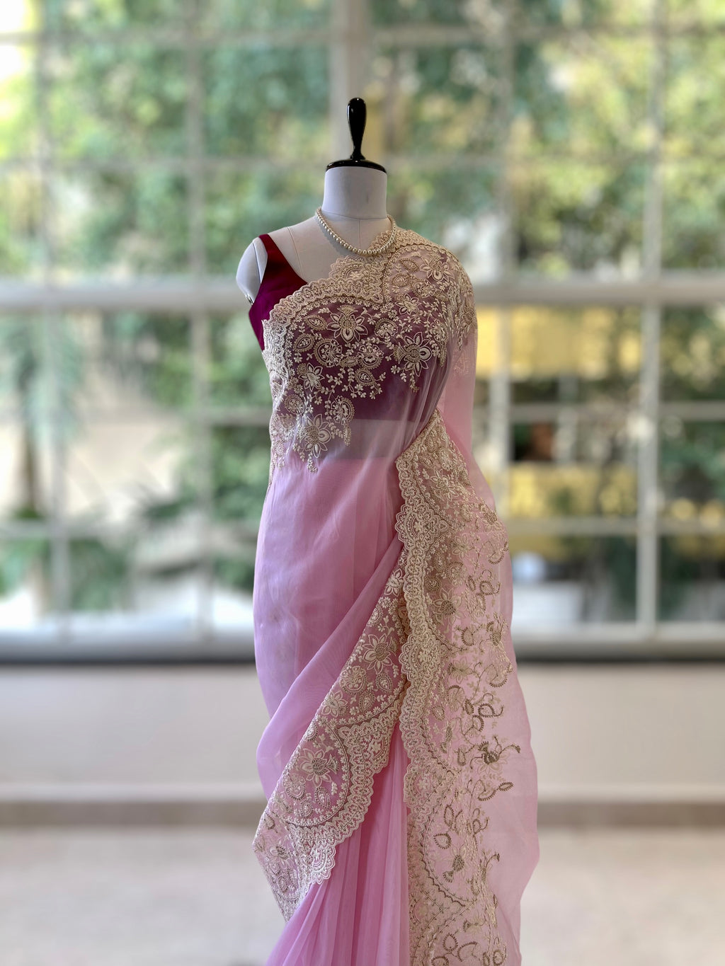 Organza zariwork saree - Pink