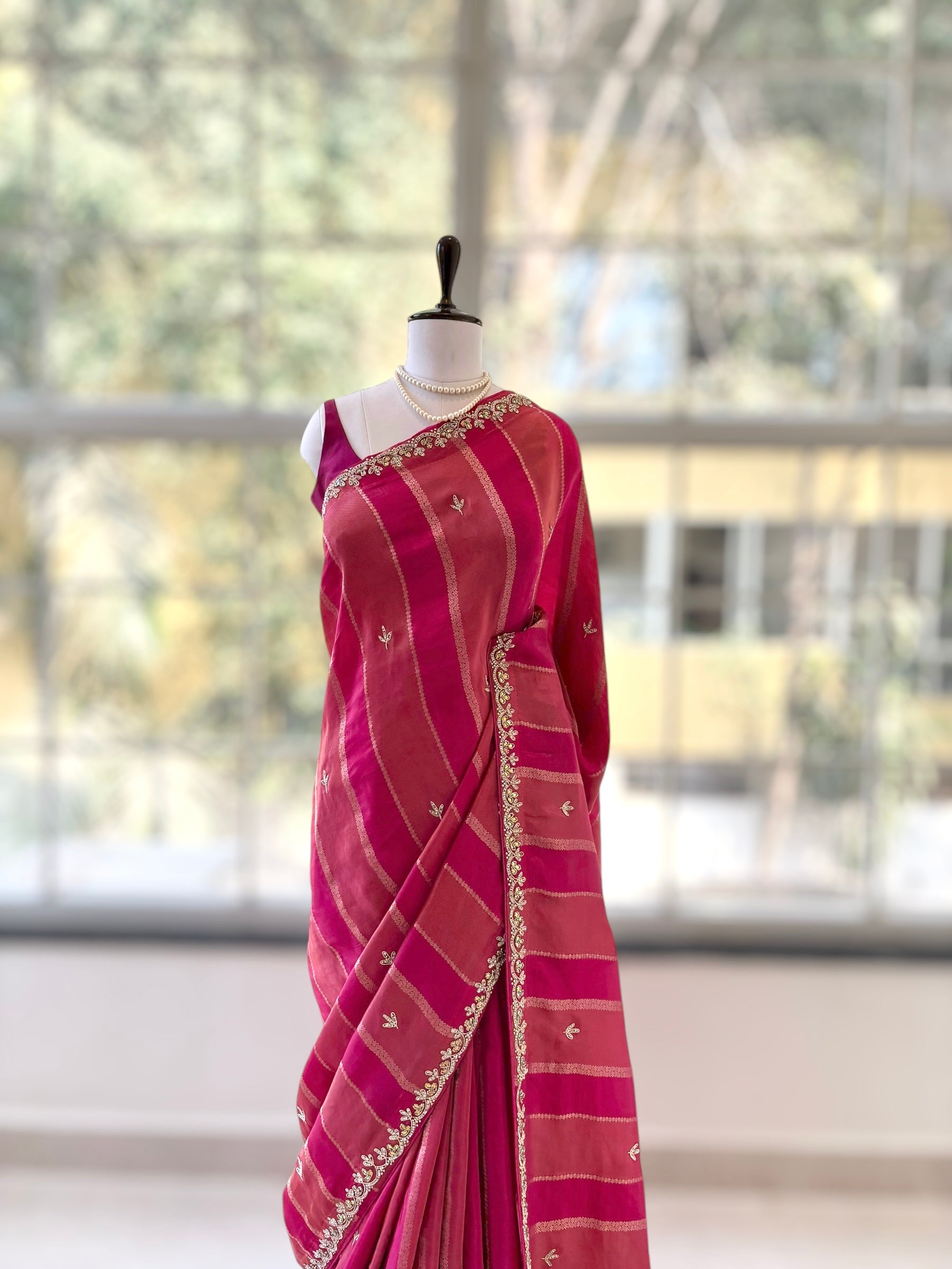 Fuchsia pink pure dola silk saree