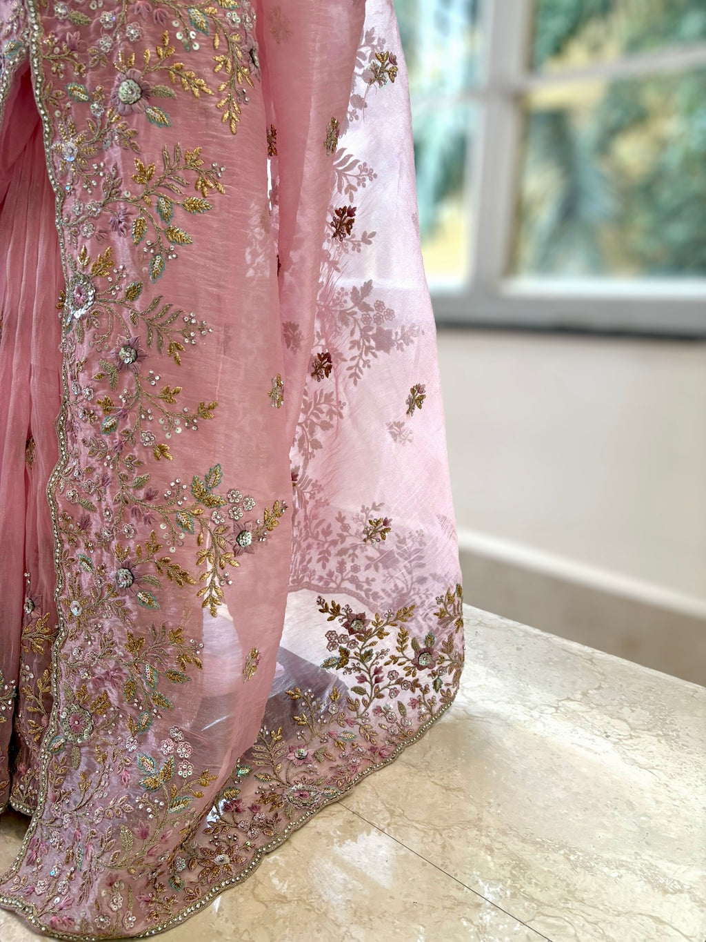 Pink Organza Embellished Saree