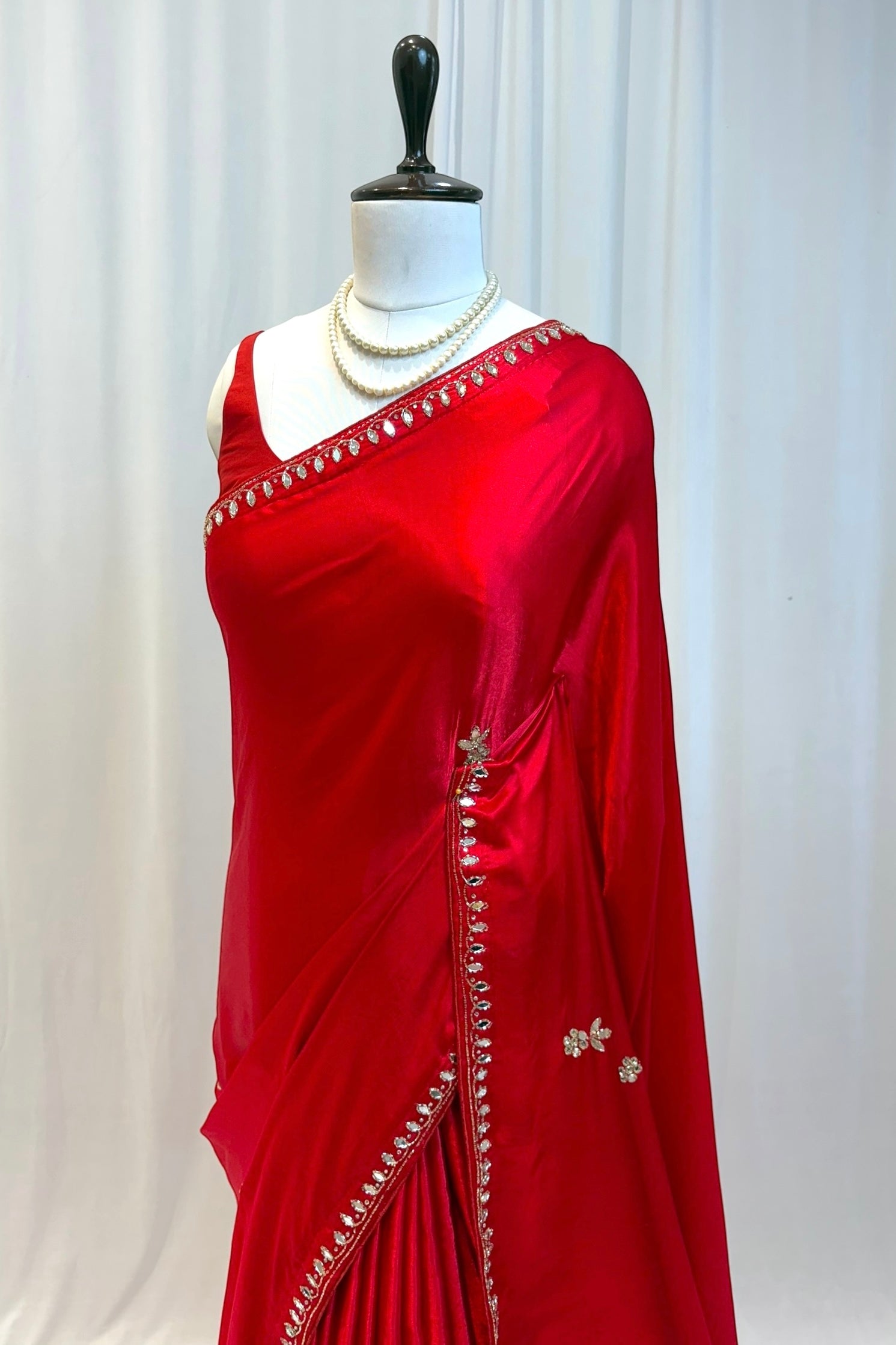 Modal satin mirror work saree - Red
