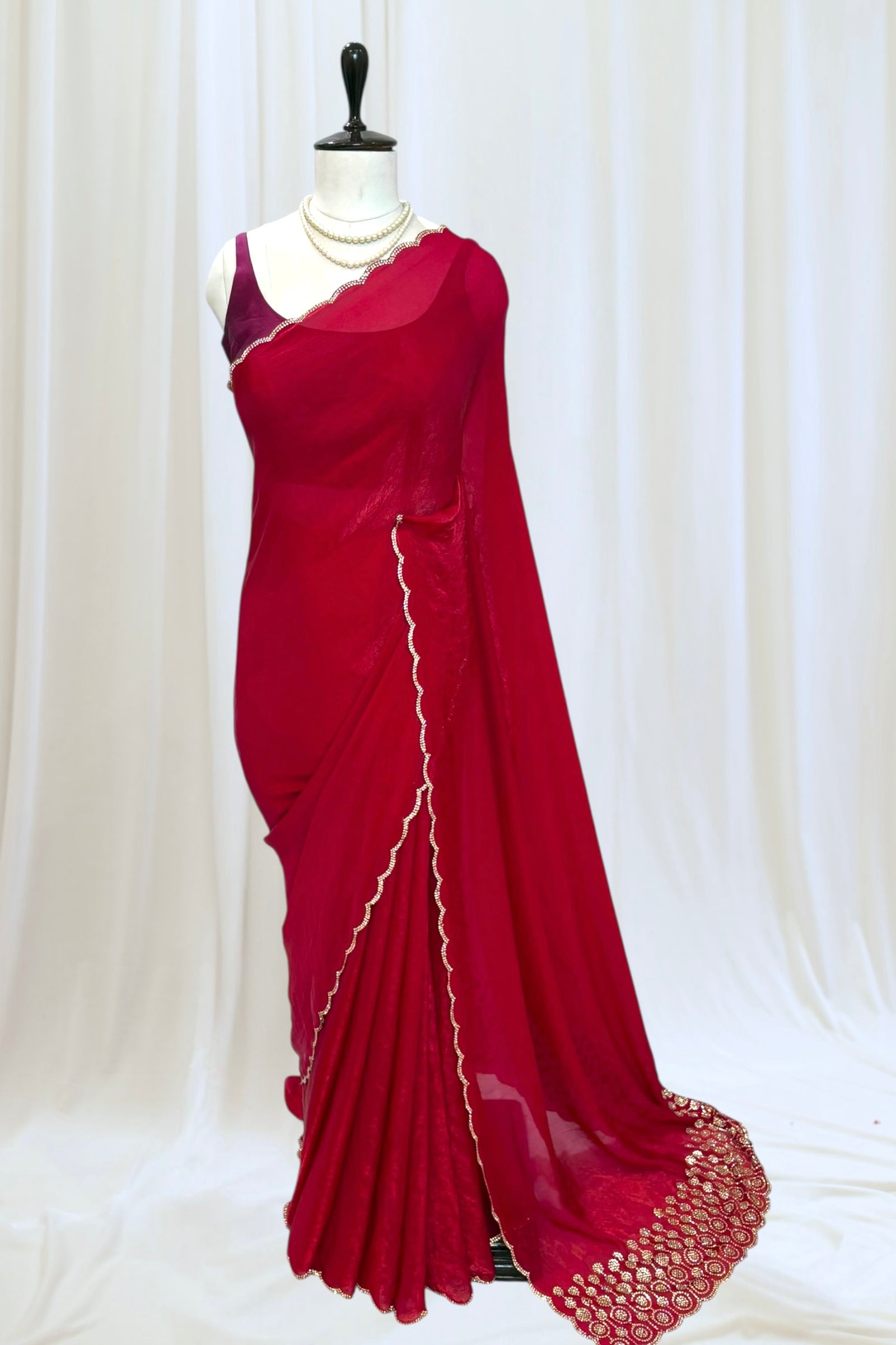 Crimson fendy satin embellished saree