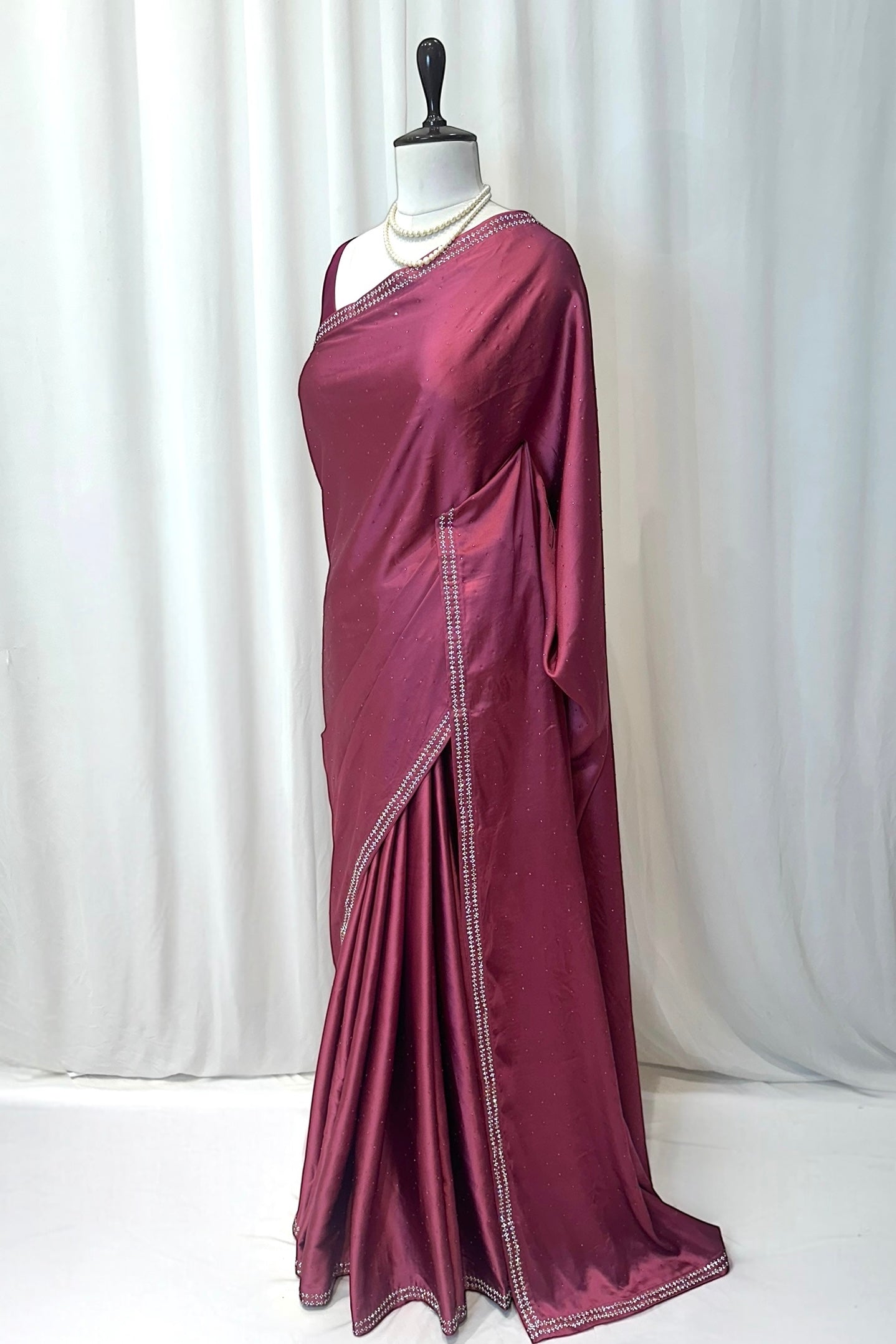 Satin swarovski embellished saree - Wine