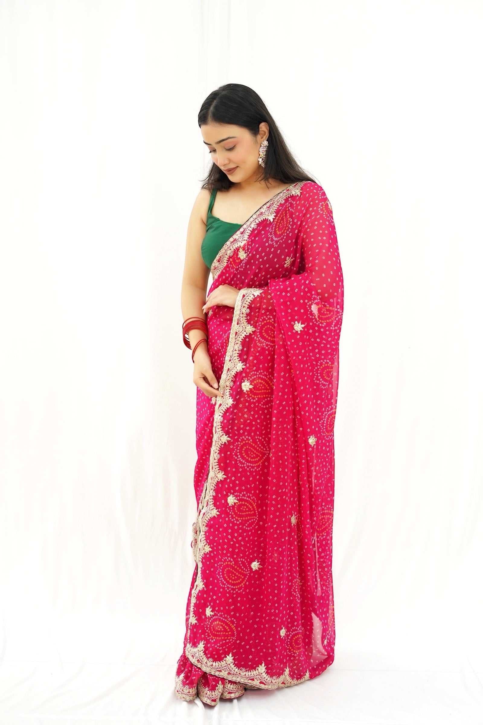 Georgette bandhani saree - Pink scallop