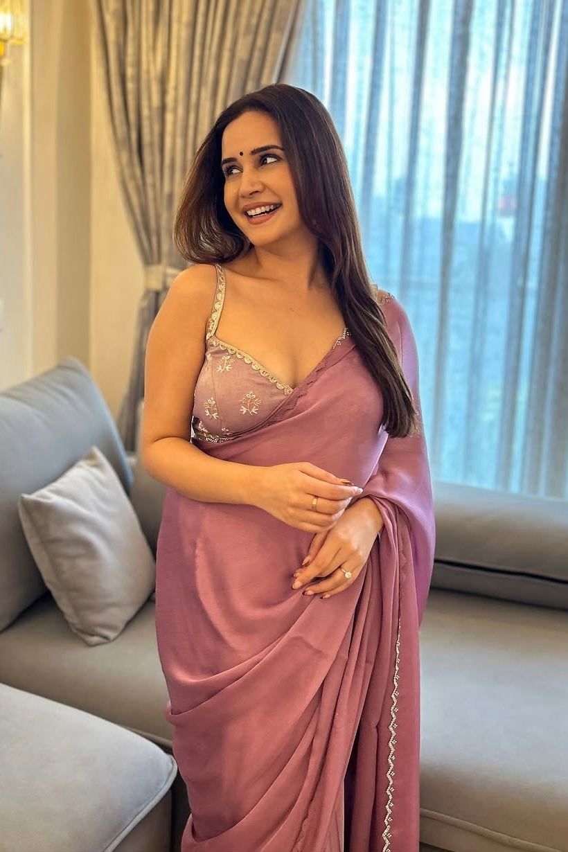 Pink swarovski embellished chiffon saree